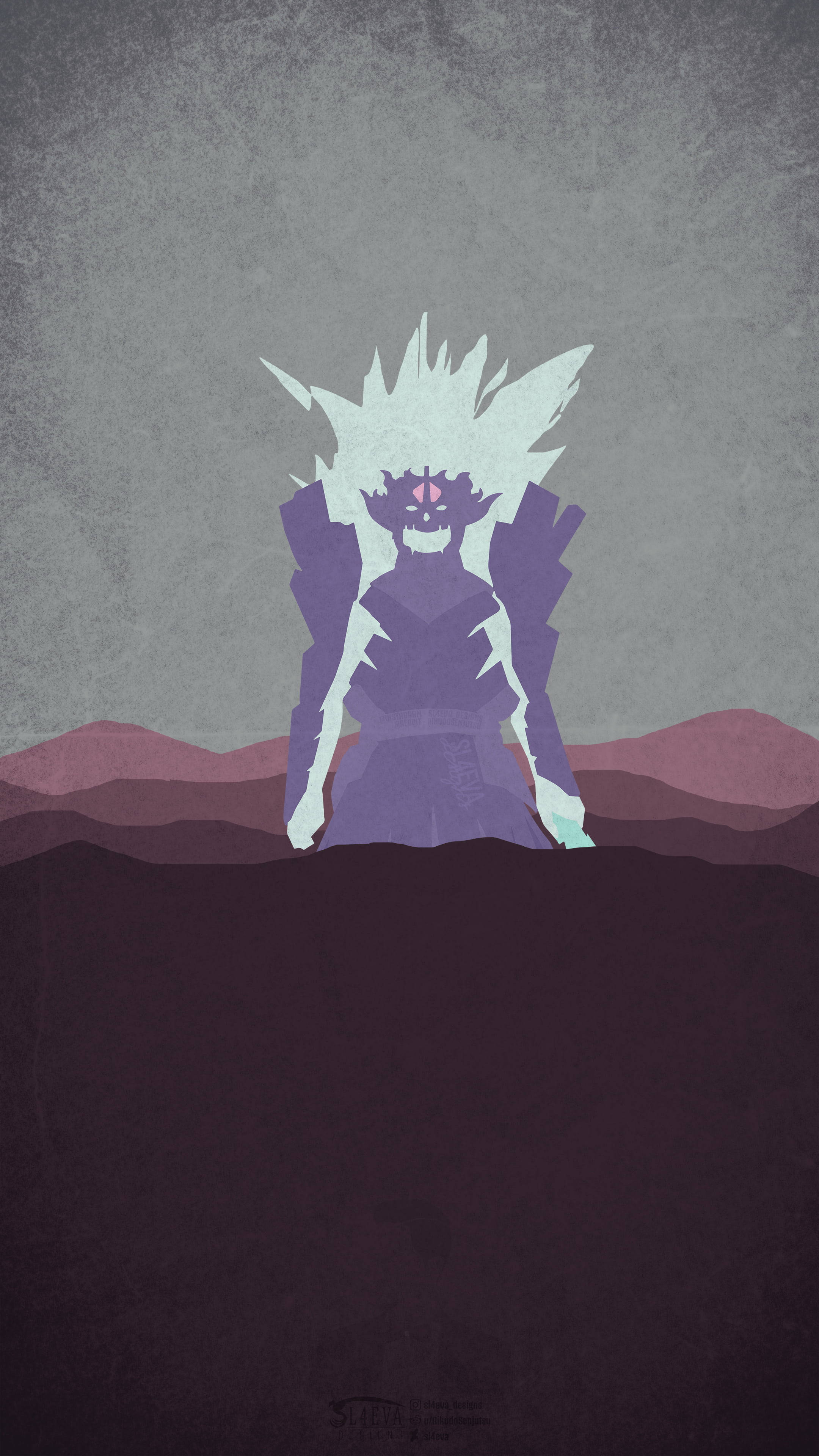 Sasuke Susanoo 桌布 壁紙 — 一個風格化的紫色動漫角色，白色尖刺頭髮，站在層疊的山丘上，背景是紋理灰暗的天空。
