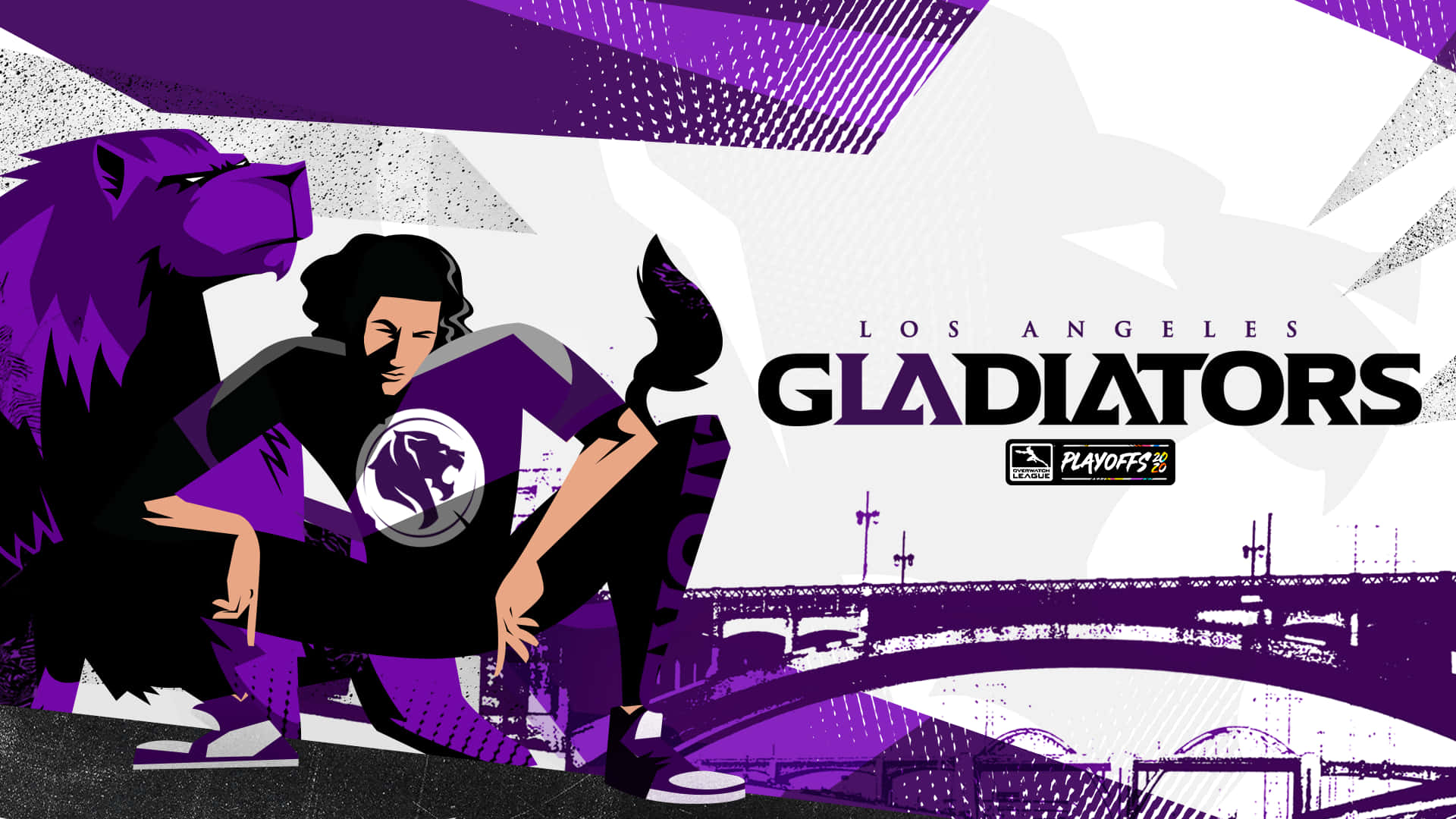 Overwatch League 桌布 壁紙 — 一個風格化的紫色和白色插圖，描繪了帶有獅子頭和城市天際線背景的角鬥士吉祥物。