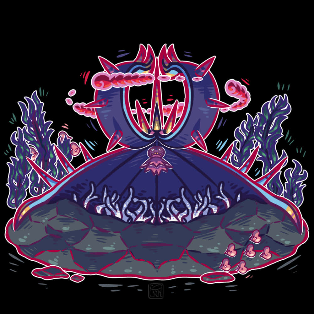 Illustration Art 桌布 壁紙 — 一個風格化的紫色和粉紅色外星生物，擁有發光的眼睛和觸手，從岩石水下場景中出現。