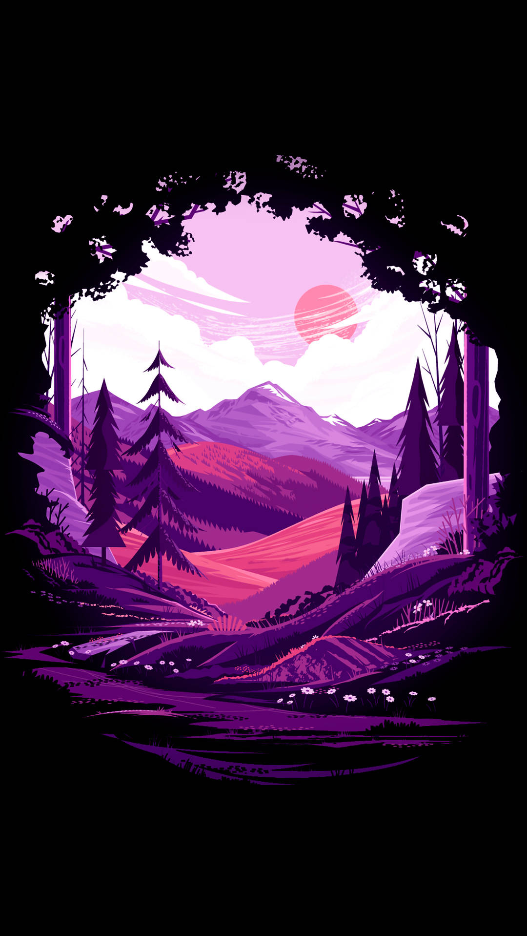 AMOLED 桌布 壁紙 — 一個風格化的紫色和粉紅色山谷，被黑暗的樹木框住，在發光的日落天空下。