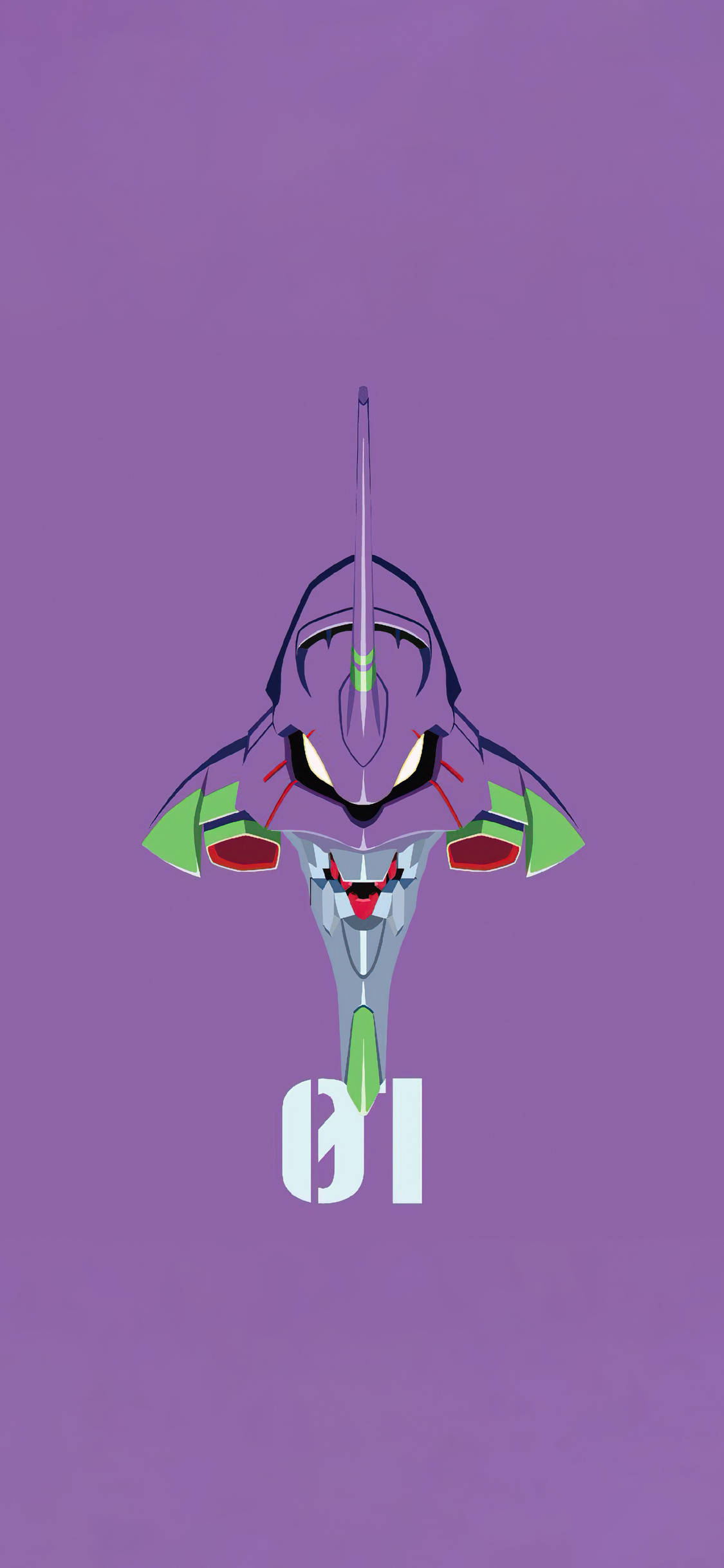 Evangelion Phone 桌布 壁紙 — 一個風格化的紫色和綠色機甲單位，帶有發光的眼睛和下方的數字01，居中在純色薰衣草背景上。