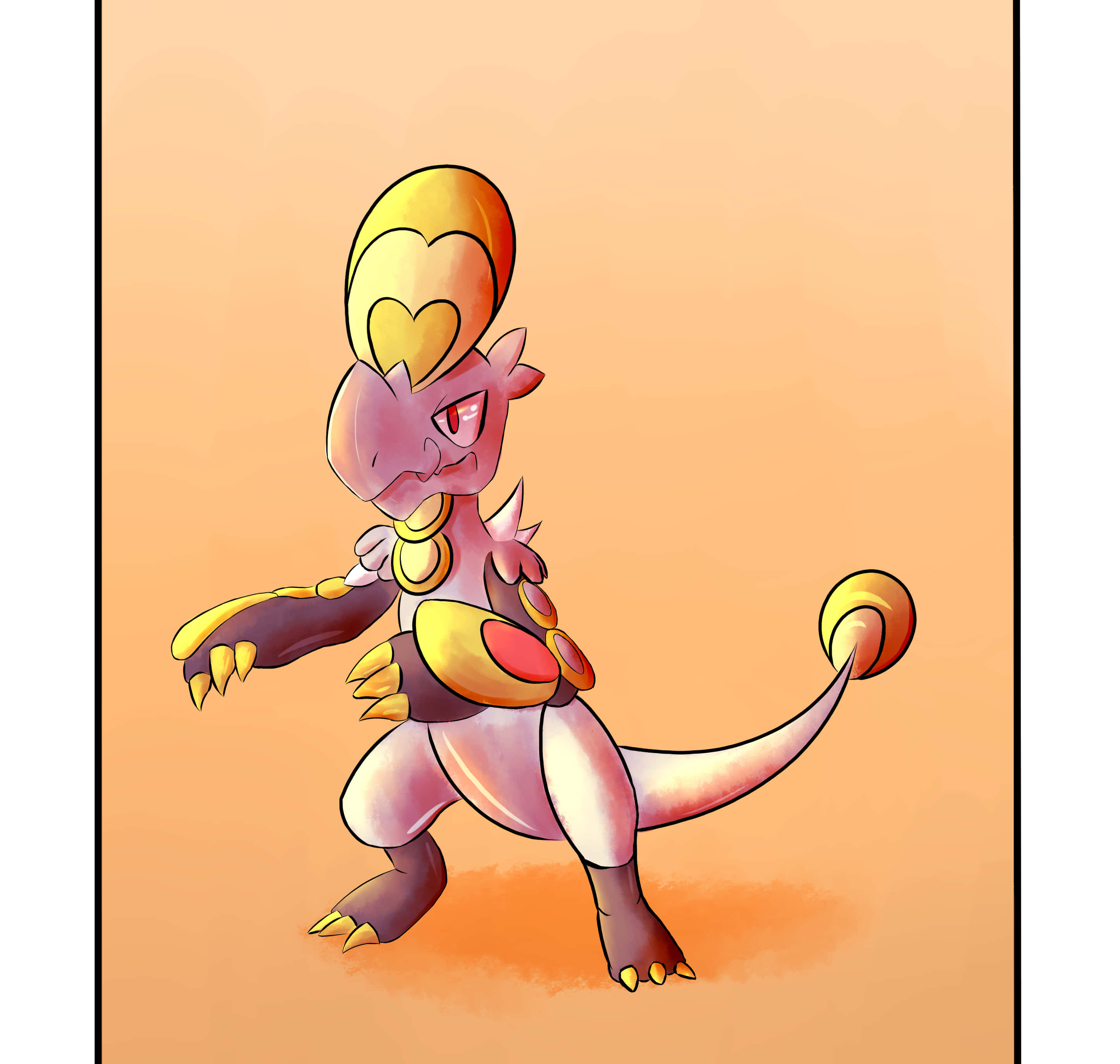 Pokemon Aesthetic 桌布 壁紙 — 一個風格化的紫色和金色龍形生物，戴著心形頭飾，自信地站在溫暖的橙色漸變背景前。