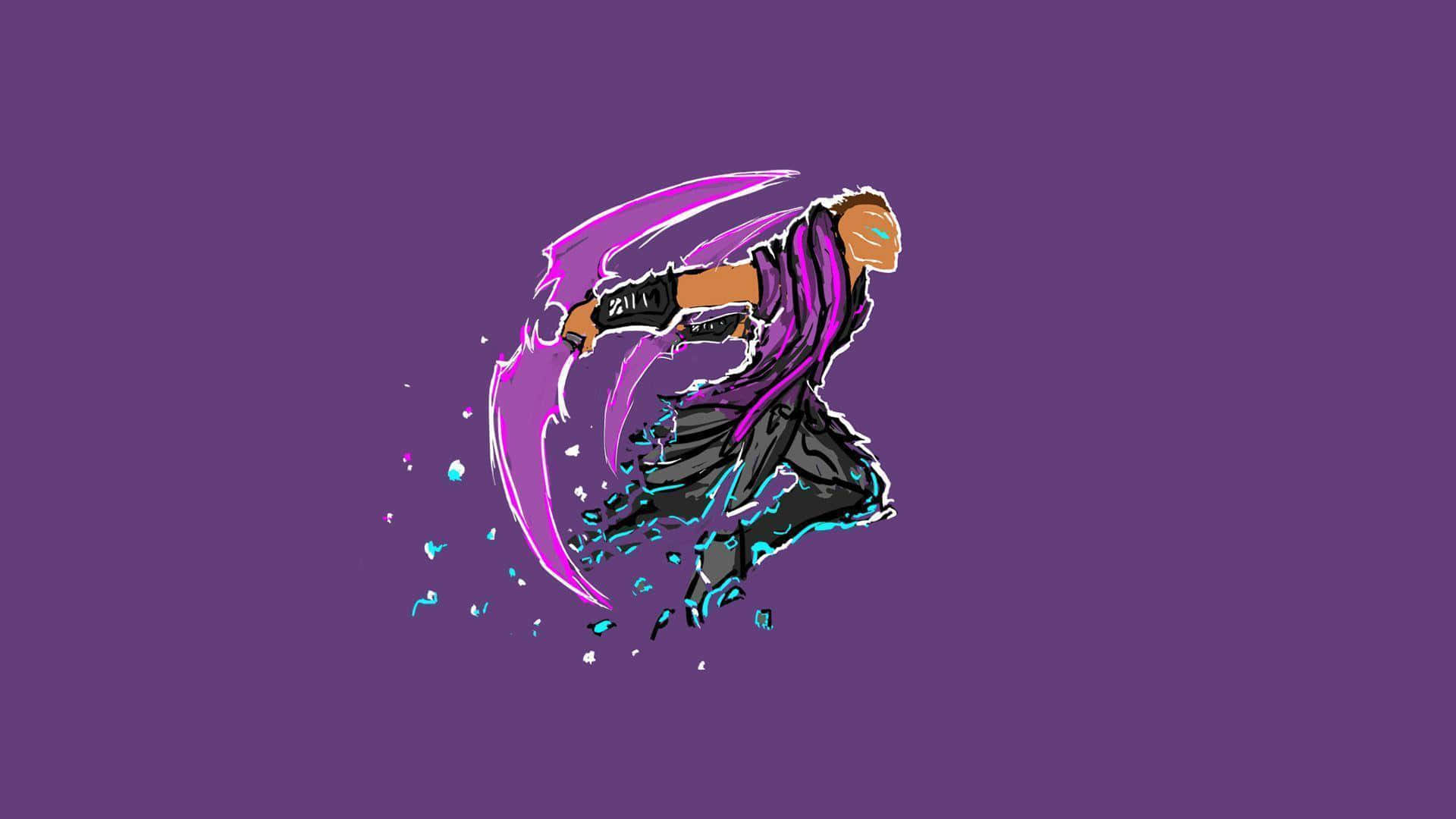 Anti-mage 桌布 壁紙 — 一個風格化的紫色和黑色忍者戰士，在純紫色背景上揮舞著發光的紫色劍。