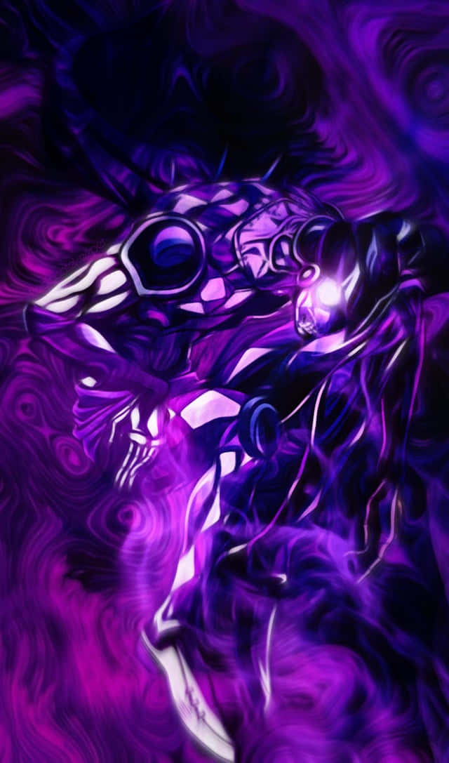 一個發光的紫色外星生物，具有銳利特徵和旋轉的宇宙背景。 — 外星人 GIF 壁紙