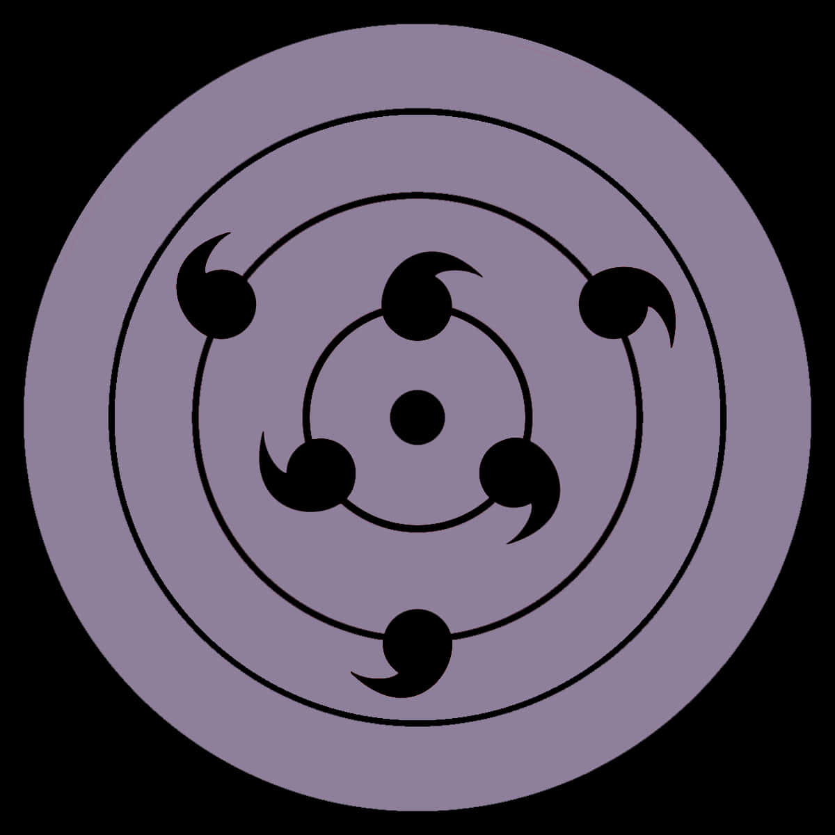 Rinnegan 桌布 壁紙 — 一個風格化的紫色圓形徽章，上面有六個黑色逗號狀標記，在黑色背景上排列成同心環。