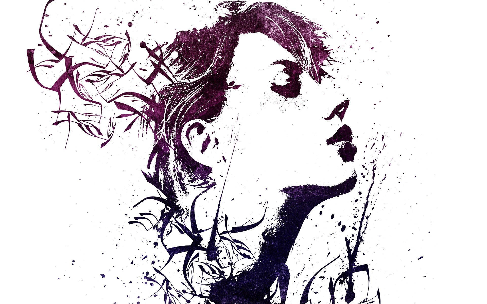 Drawing 桌布 壁紙 — 一個風格化的紫色墨水女性側面肖像，帶有抽象花卉和潑濺元素，背景為白色。