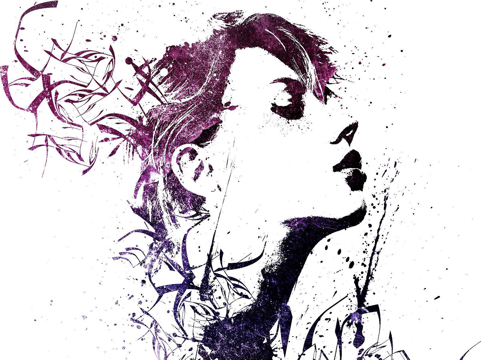 人像動態 桌布 壁紙 — 一個風格化的紫色墨水女性面孔肖像，抽象花卉元素圍繞她的側面輪廓旋轉。