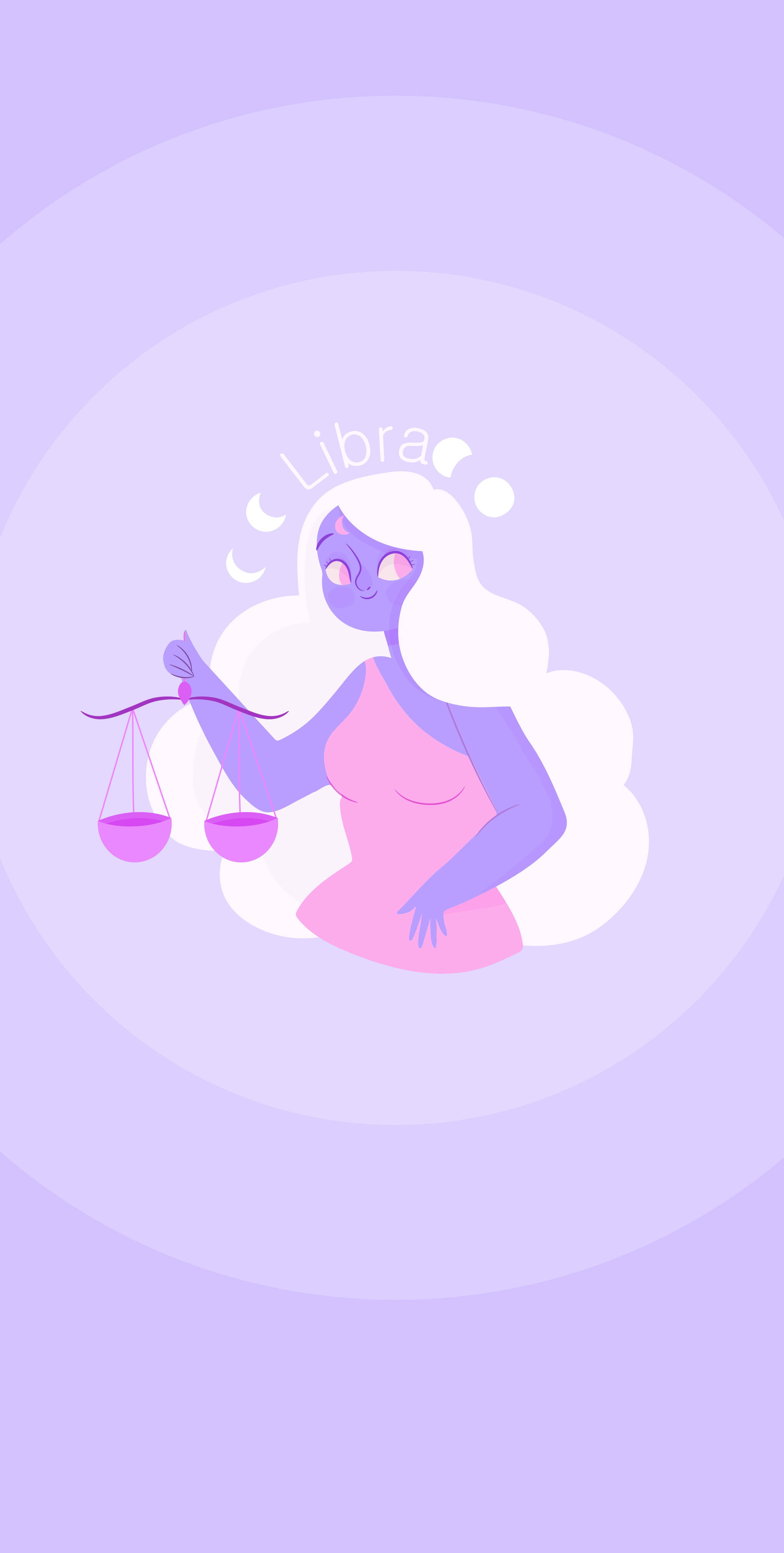 zodiac 桌布 壁紙 — 一個風格化的紫色天秤座星座人物，白色頭髮，在柔和的薰衣草漸變背景前拿著平衡的天秤。
