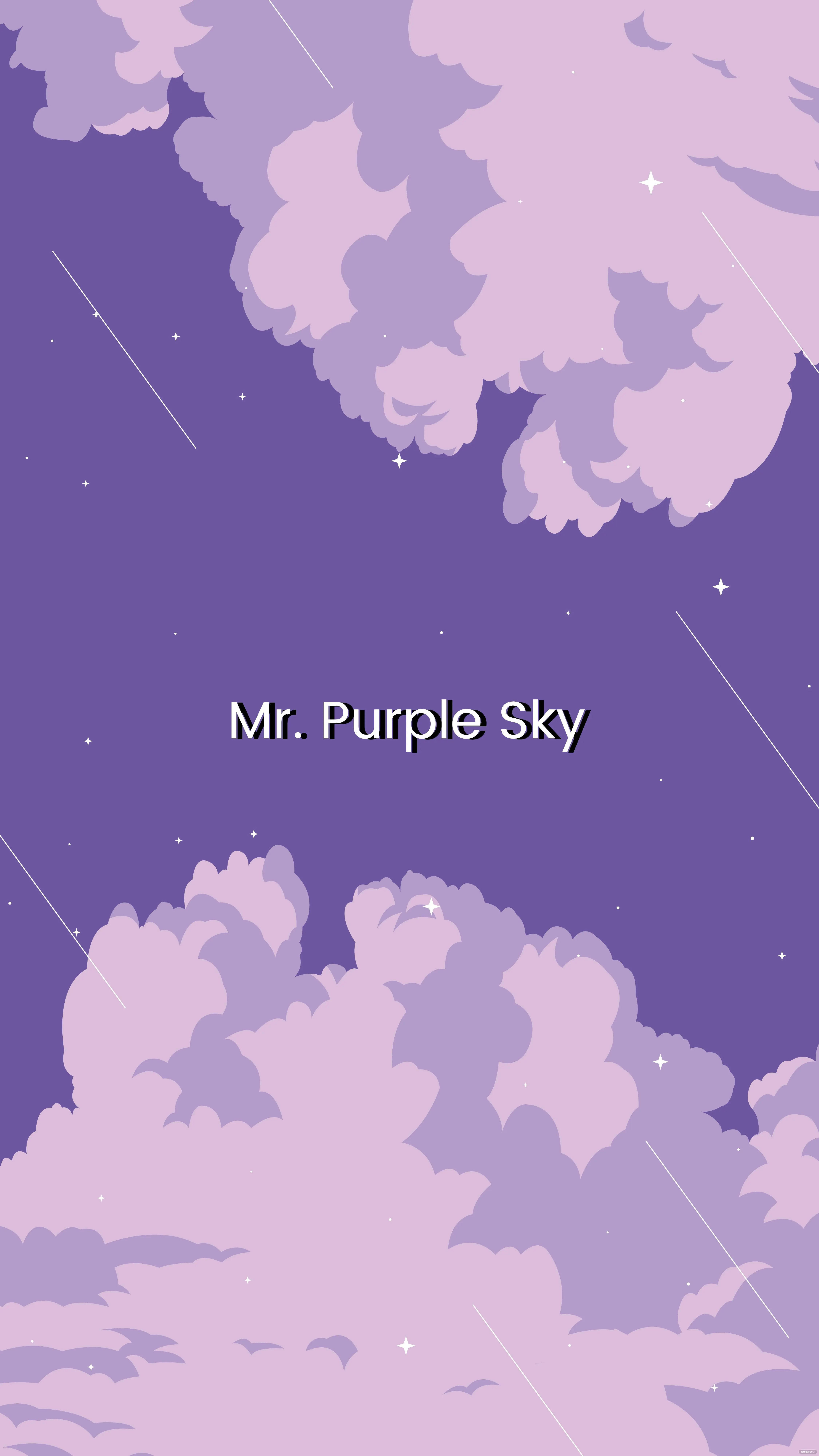 Purple Aesthetic Phone 桌布 壁紙 — 一個風格化的紫色天空，充滿柔和的薰衣草雲朵和閃爍的星星，中央有文字 Mr. Purple Sky。