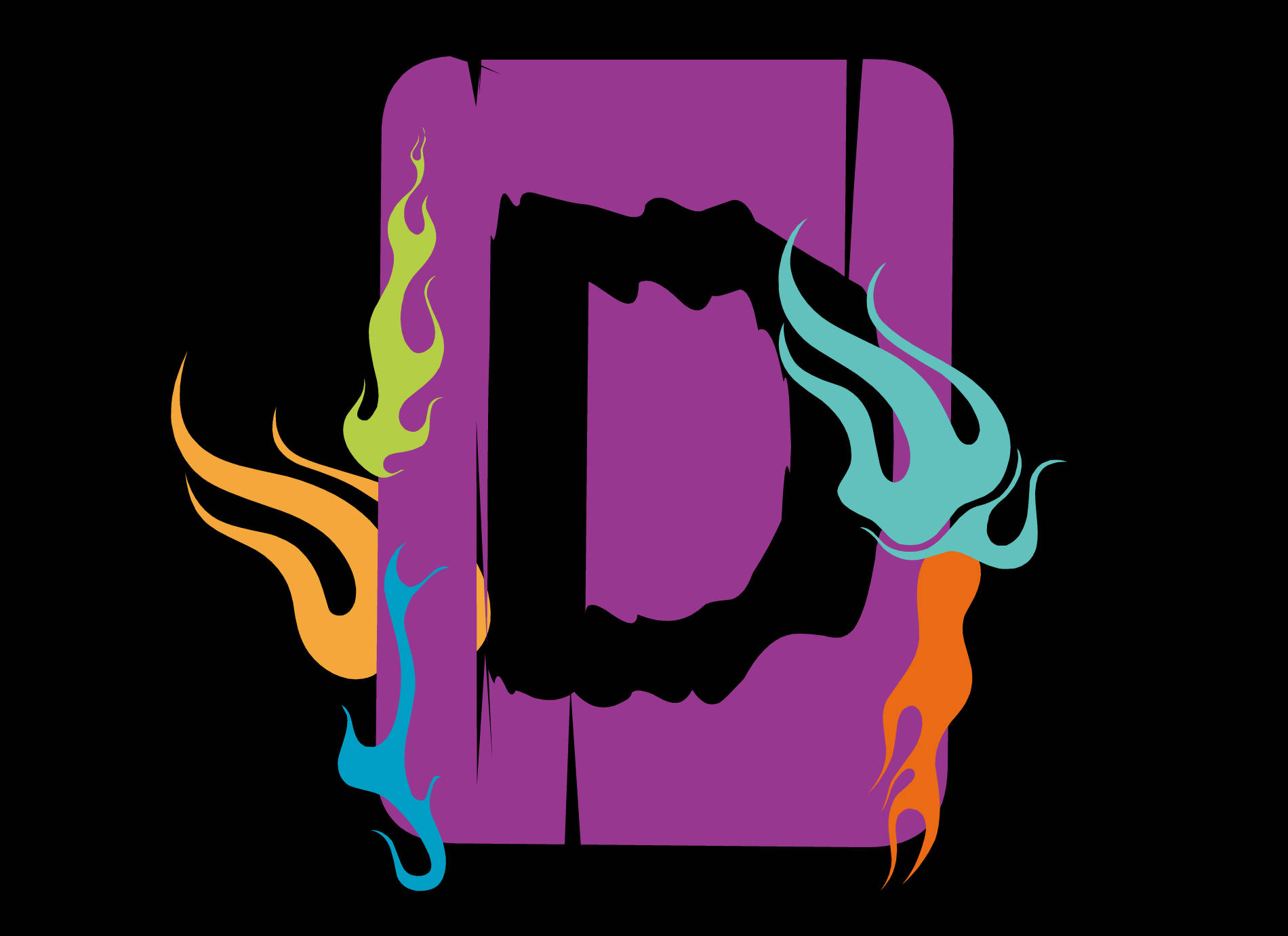 Letter D 桌布 壁紙 — 一個風格化的紫色字母D，邊緣環繞著鮮豔的多色火焰，背景為黑色。
