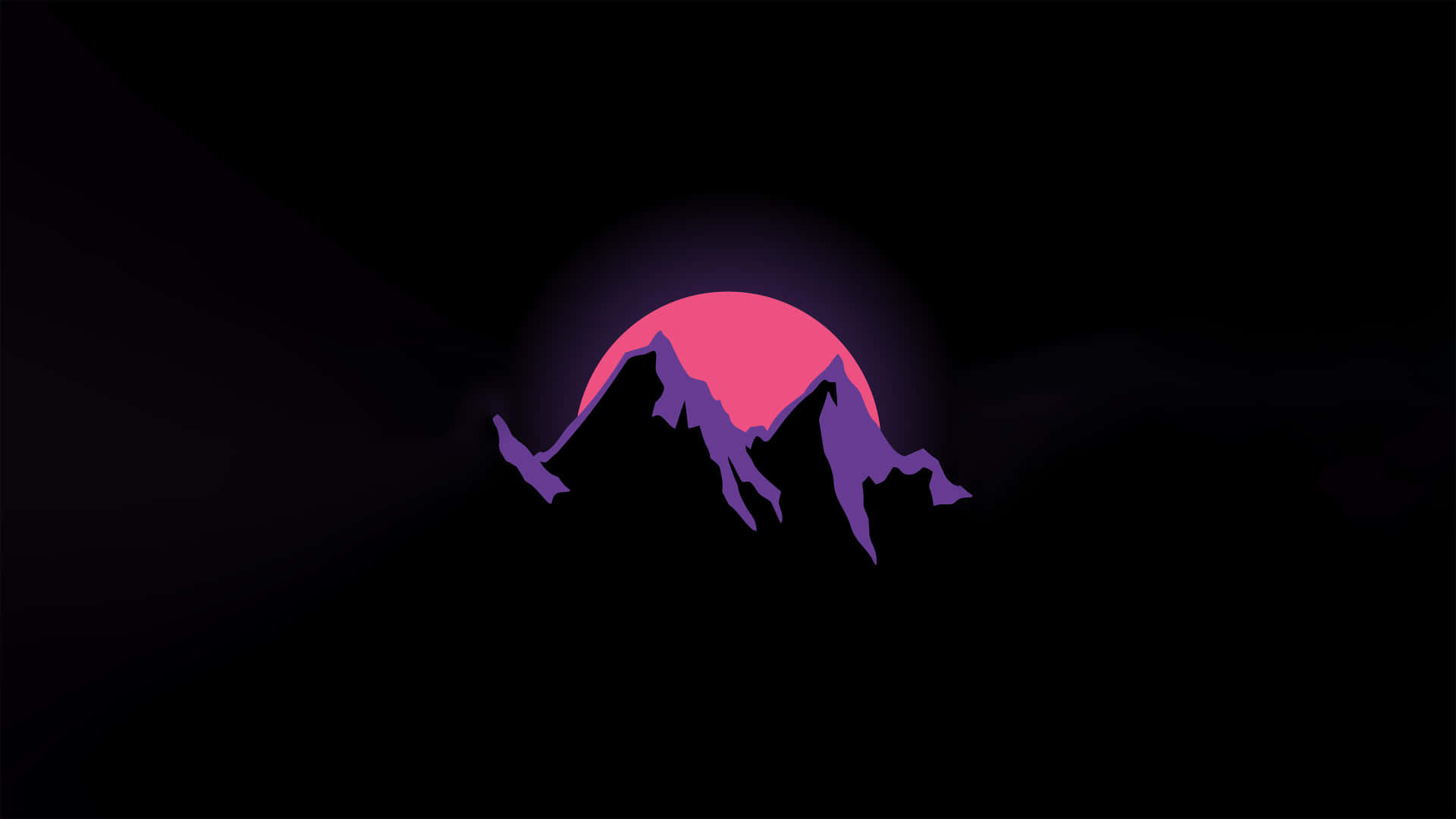 HD Amoled 桌布 壁紙 — 一個風格化的紫色山脈剪影在黑暗背景上，襯托著一個發光的粉紅色太陽。