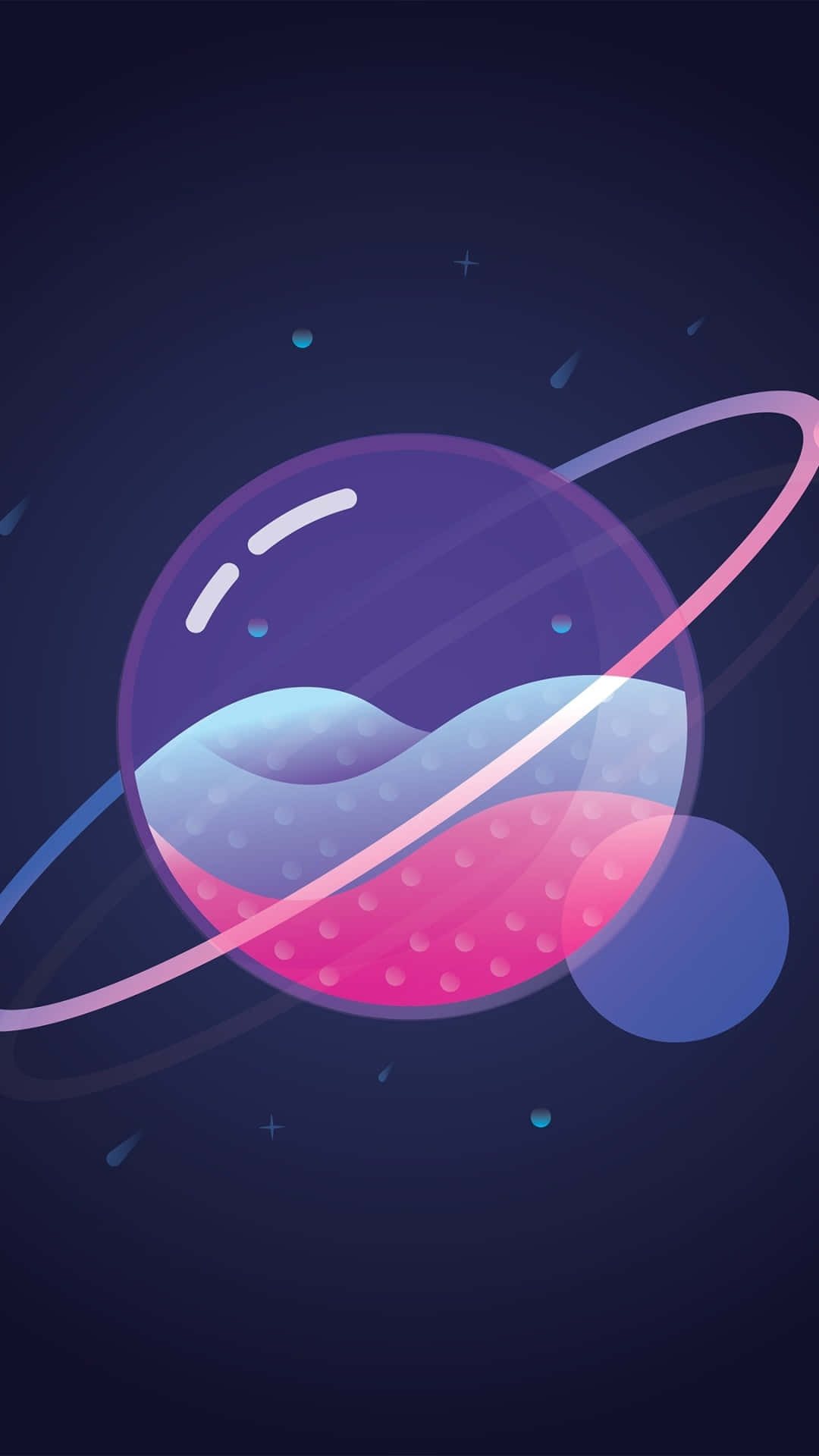 Minimalist Space 桌布 壁紙 — 一個風格化的紫色星球，帶有粉紅色和藍色的波浪和光環，漂浮在繁星點點的宇宙背景中。