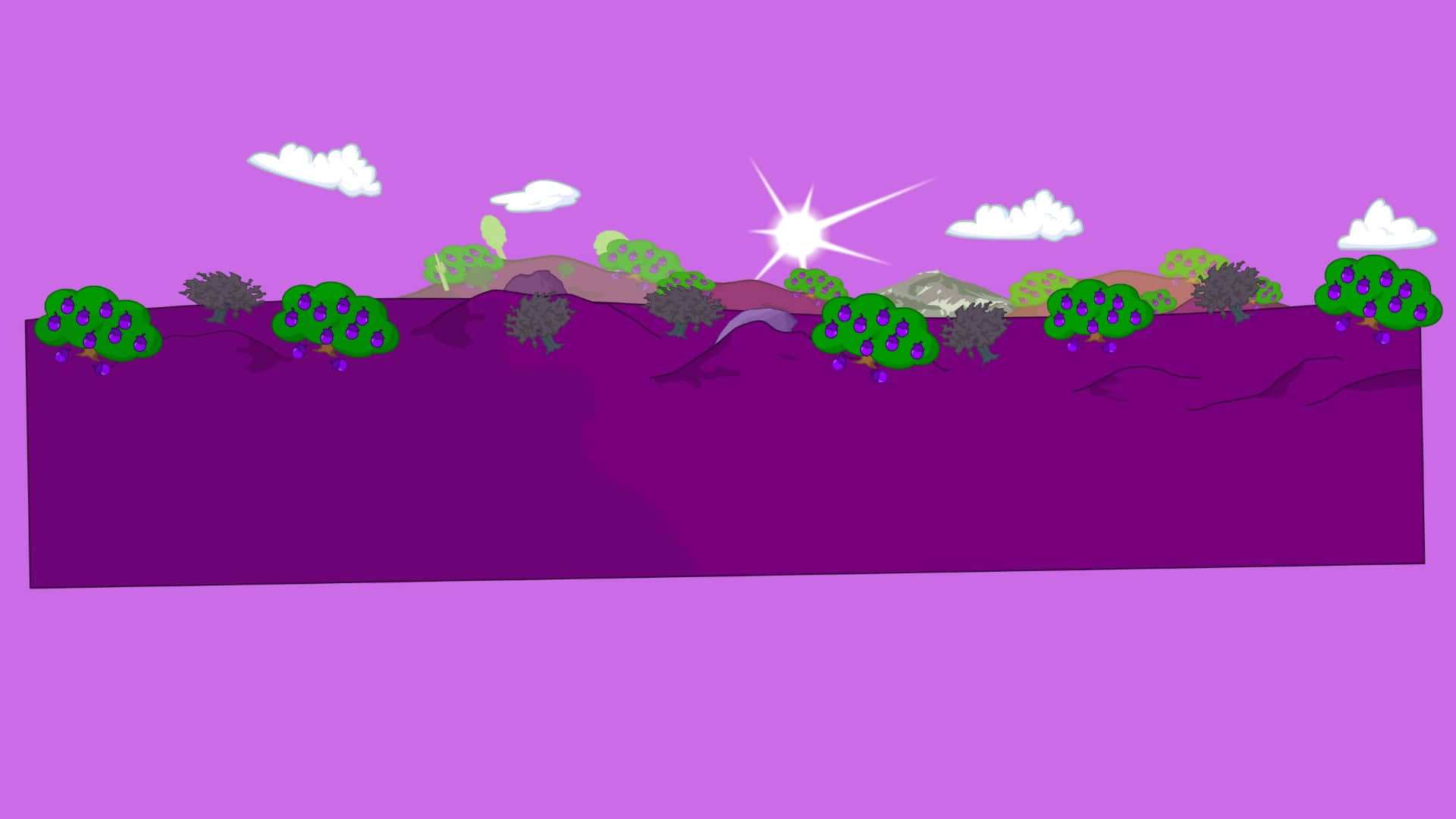 Bfdi 桌布 壁紙 — 一個風格化的紫色景觀，有綠色灌木和白色雲朵，在明亮的太陽下。