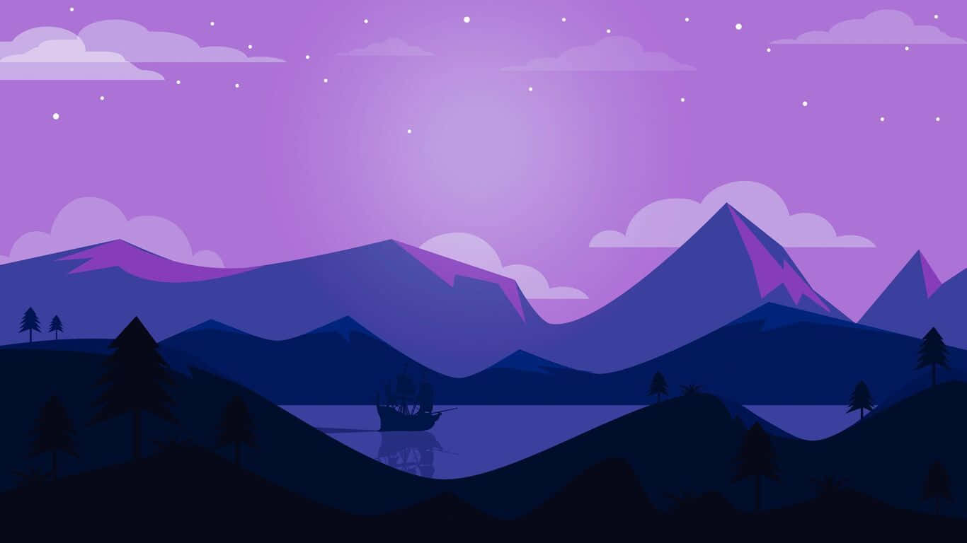 1366x768 Minimalist 桌布 壁紙 — 一個風格化的紫色暮色景觀，有剪影的山脈、樹木和水上的船，在星空下。