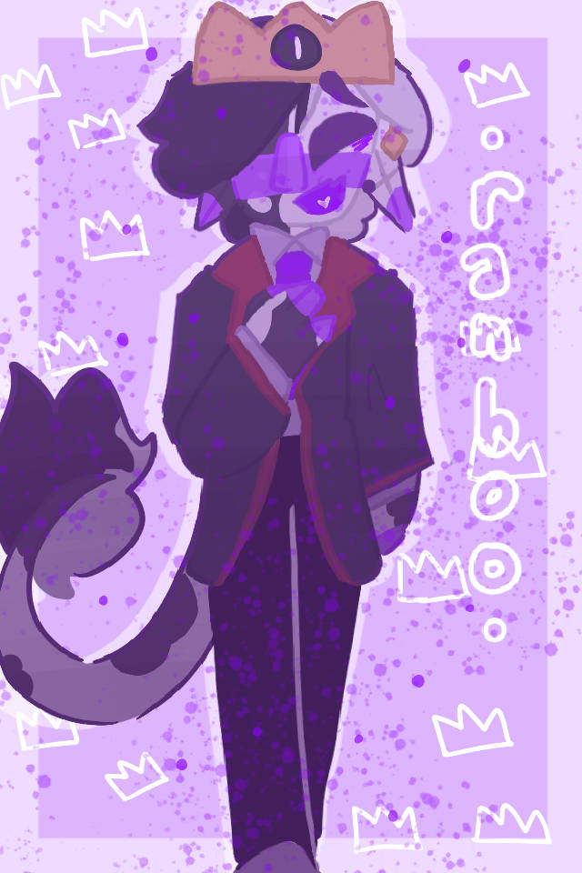 Ranboo 桌布 壁紙 — 一個風格化的紫色毛皮擬人角色，戴著皇冠並有尾巴，自信地站在點綴著白色皇冠輪廓的薰衣草斑點背景前。