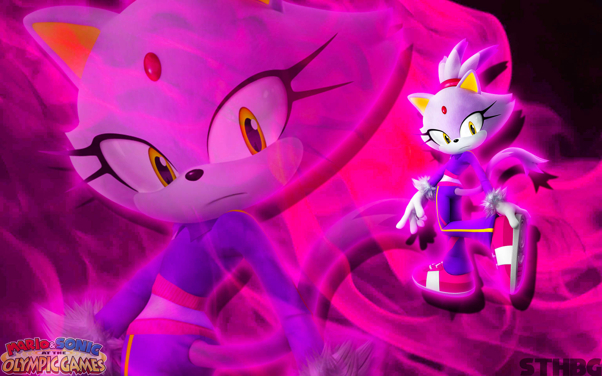 Blaze The Cat 桌布 壁紙 — 一個風格化的紫色狐狸角色，黃色眼睛和紅色寶石，自信地站在旋轉的粉紅色能量背景前。