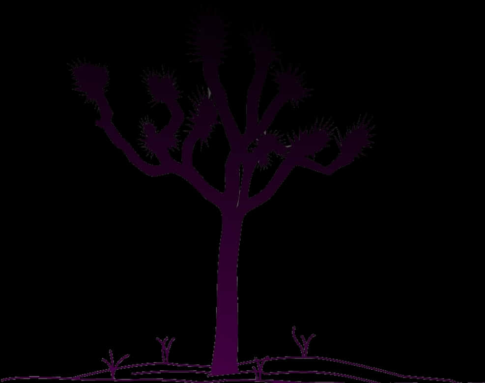 Tree Silhouette 桌布 壁紙 — 一個風格化的紫色約書亞樹剪影，立在黑色背景上，底部有小植物。