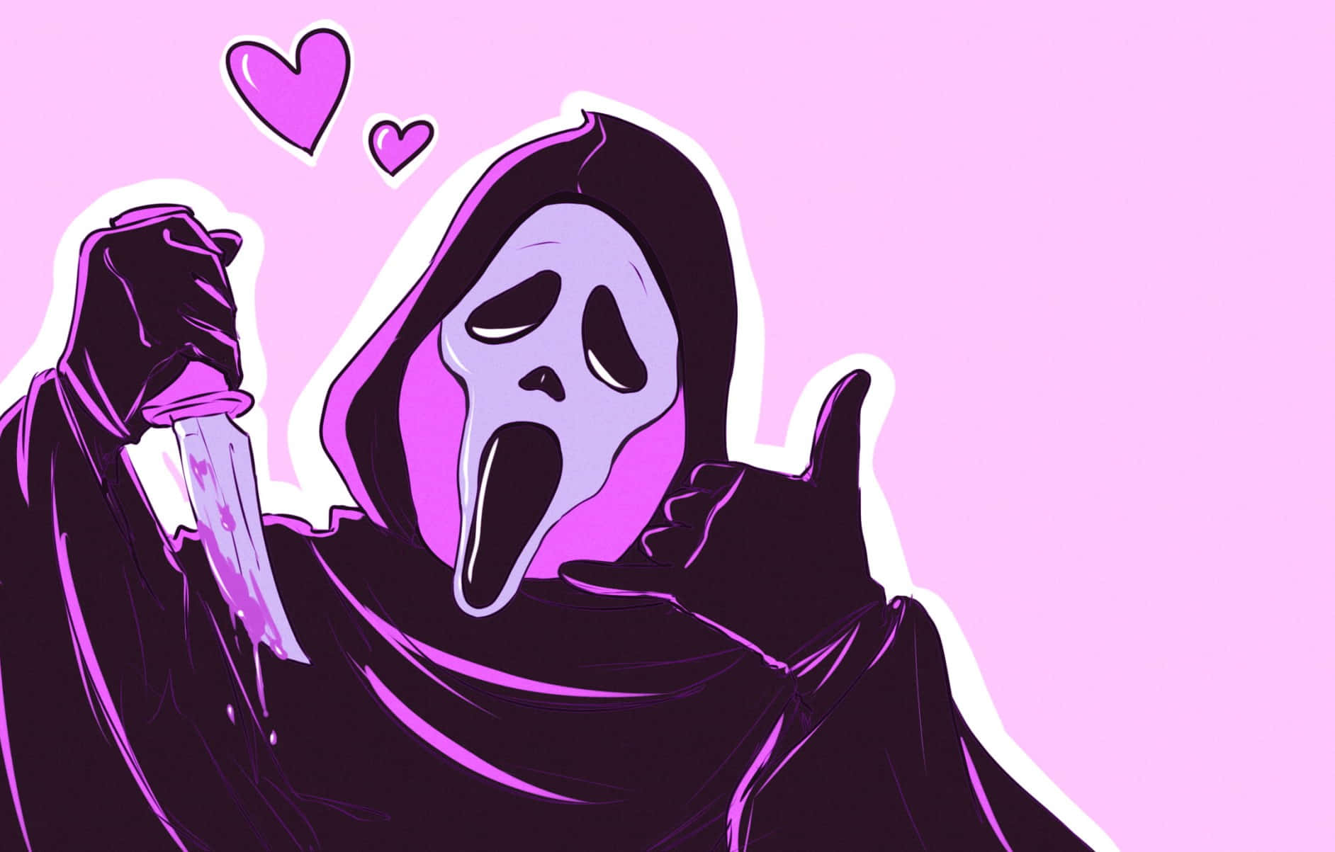 Ghostface Aesthetic 桌布 壁紙 — 一個風格化的紫色蒙面殺手拿著刀，豎起大拇指，上方有愛心漂浮在粉紅色背景上。