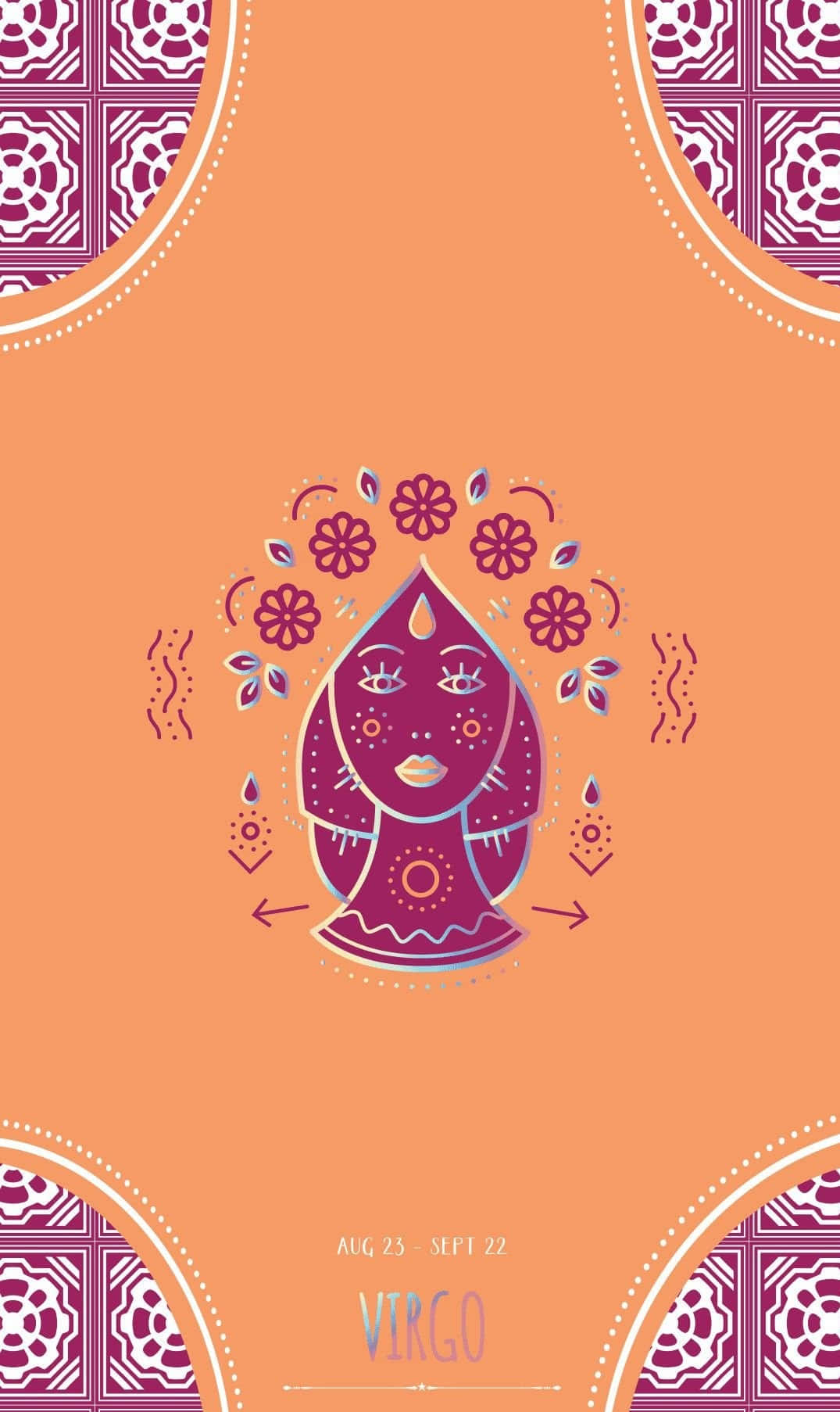 Virgo Aesthetic 桌布 壁紙 — 一個風格化的紫色處女座星座符號，飾有花朵和幾何圖案，背景為溫暖的橙色。