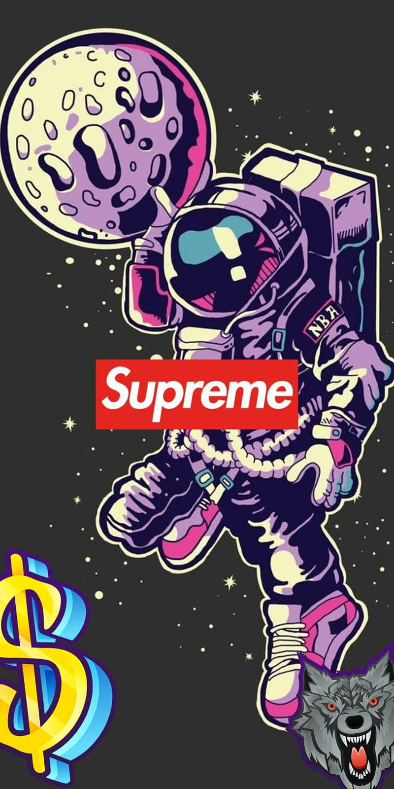  壁紙 — 一個風格化的紫色裝備太空人，在星空背景下抱著一個月亮，上面有美元符號和狼圖案。