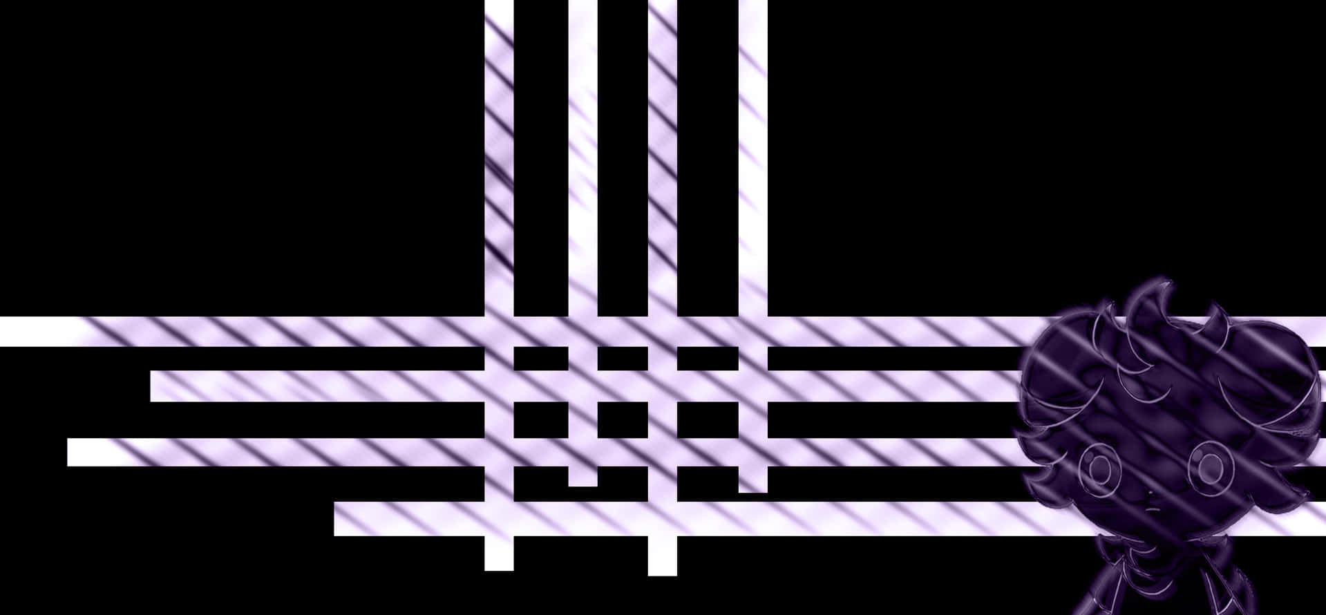 espurr 桌布 壁紙 — 一個風格化的紫色角色，頭上有角，站在黑色背景上發光的幾何圖案旁邊。