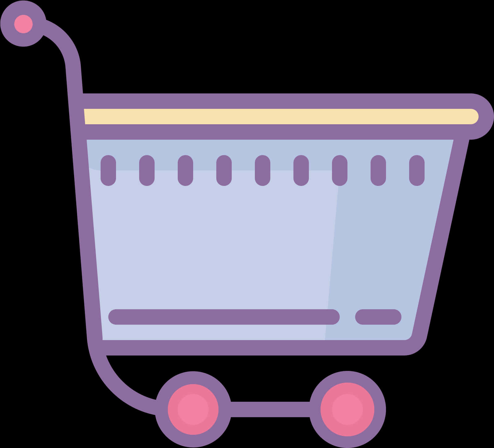 Shopping Cart 桌布 壁紙 — 一個風格化的紫色購物車，帶有粉紅色輪子和把手，背景為黑色。