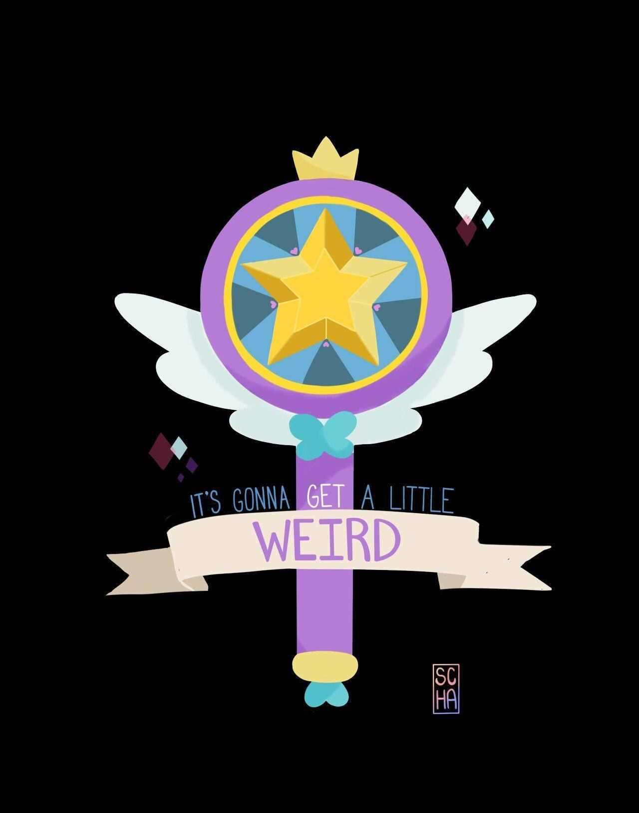 evil 桌布 壁紙 — 一個風格化的紫色魔法棒，帶有金色星星和翅膀，黑色背景上有一個橫幅寫著「會變得有點奇怪」。