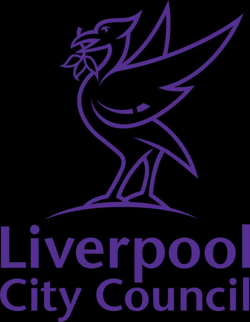 Logo Design 桌布 壁紙 — 一個風格化的紫色鳥標誌，帶有文字 Liverpool City Council，背景為黑色。