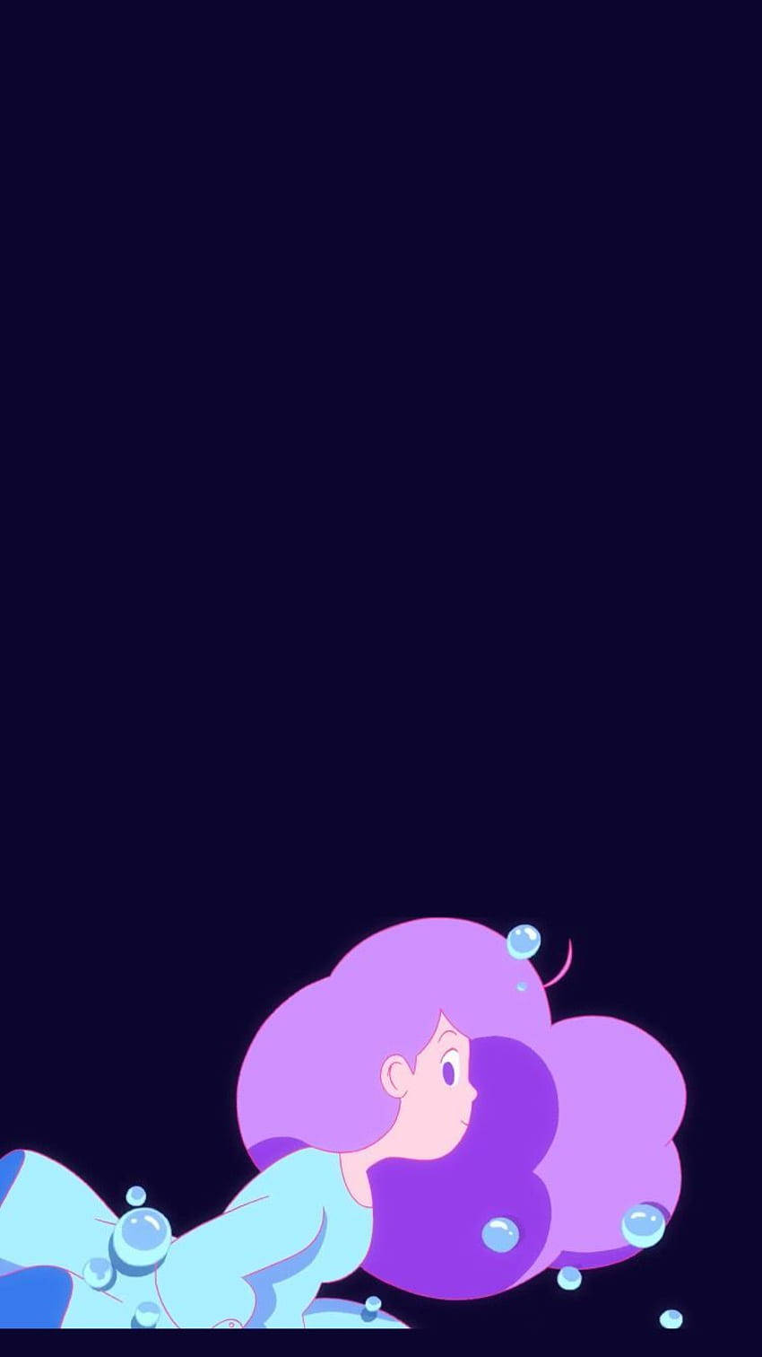 bee and puppycat 桌布 壁紙 — 一個風格化的紫髮女孩穿著藍色連衣裙，在深海軍藍背景下漂浮在水中，氣泡上升。