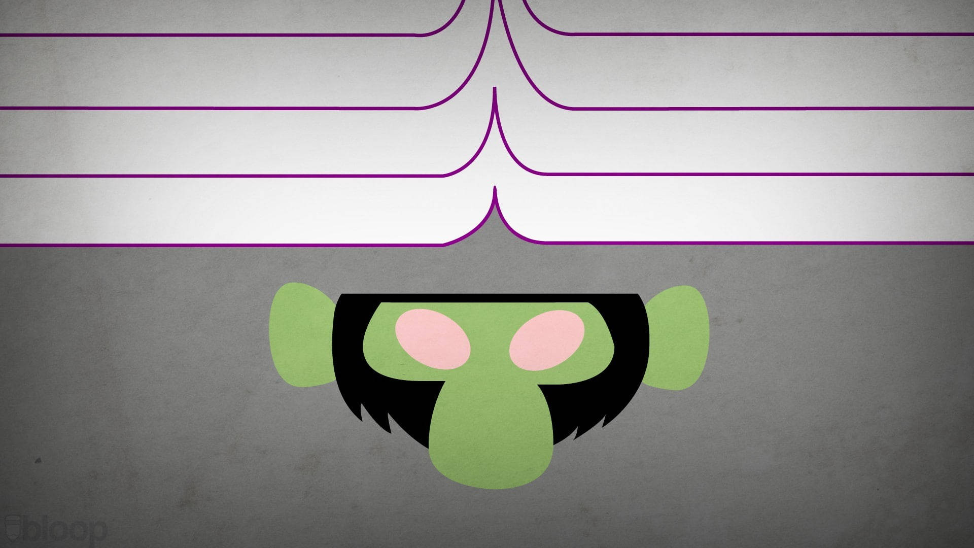 girls 桌布 壁紙 — 一個風格化的綠色卡通臉，帶有粉紅色臉頰和黑色頭髮，從灰色紋理背景上的紫色曲線下方窺視出來。