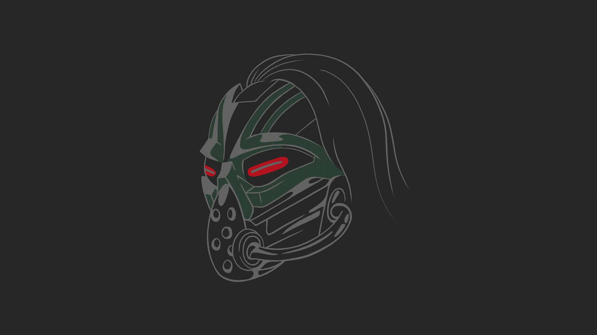 Mortal Kombat Kabal 桌布 壁紙 — 一個風格化的綠色和灰色面具戰士頭部，在深灰色背景上帶有發光的紅色眼睛。