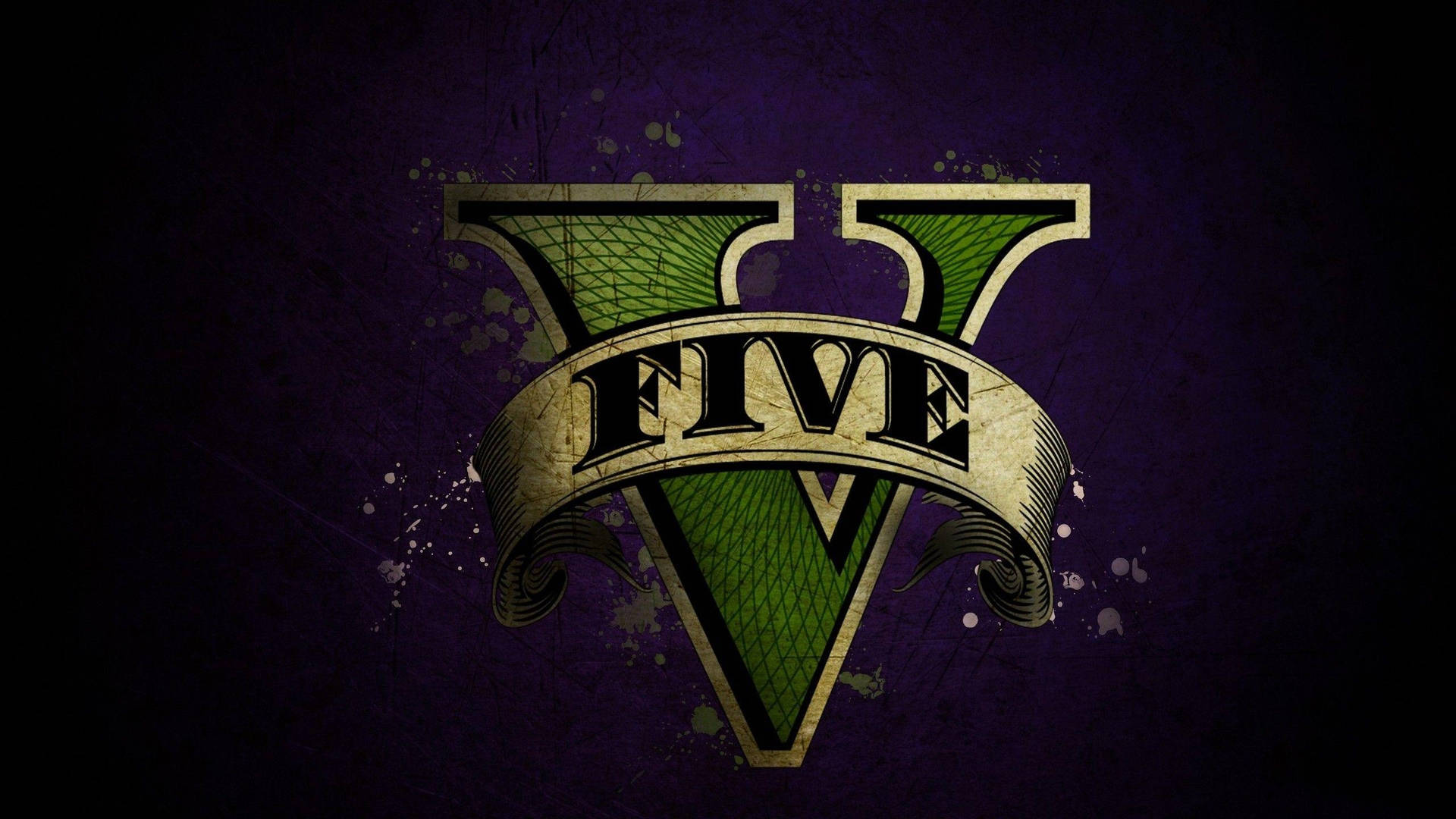 遊戲標誌，帶有綠色 V 和單詞 five 在橫幅上，背景是紫色帶有飛濺。