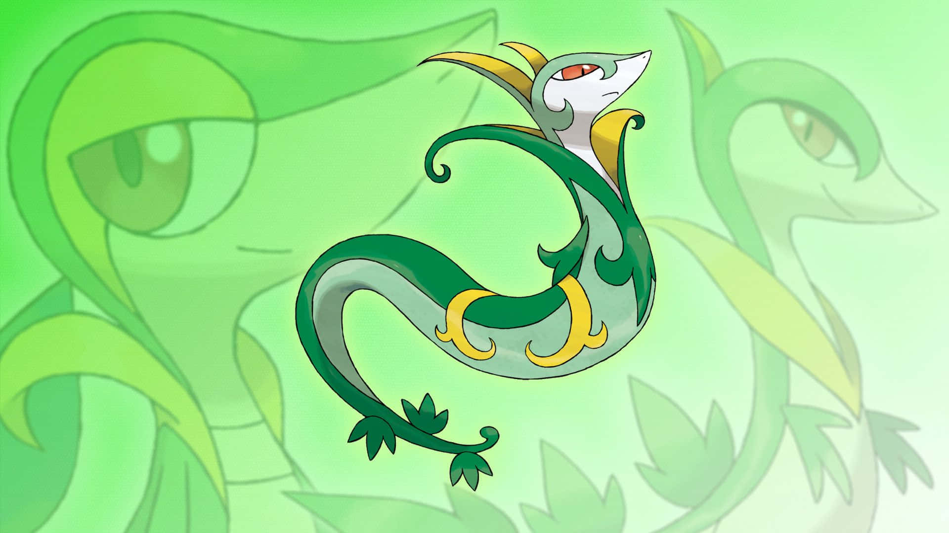 Snivy 桌布 壁紙 — 一個風格化的綠色和黃色龍狀生物，帶有葉狀細節，漂浮在柔和的漸變綠色背景上。