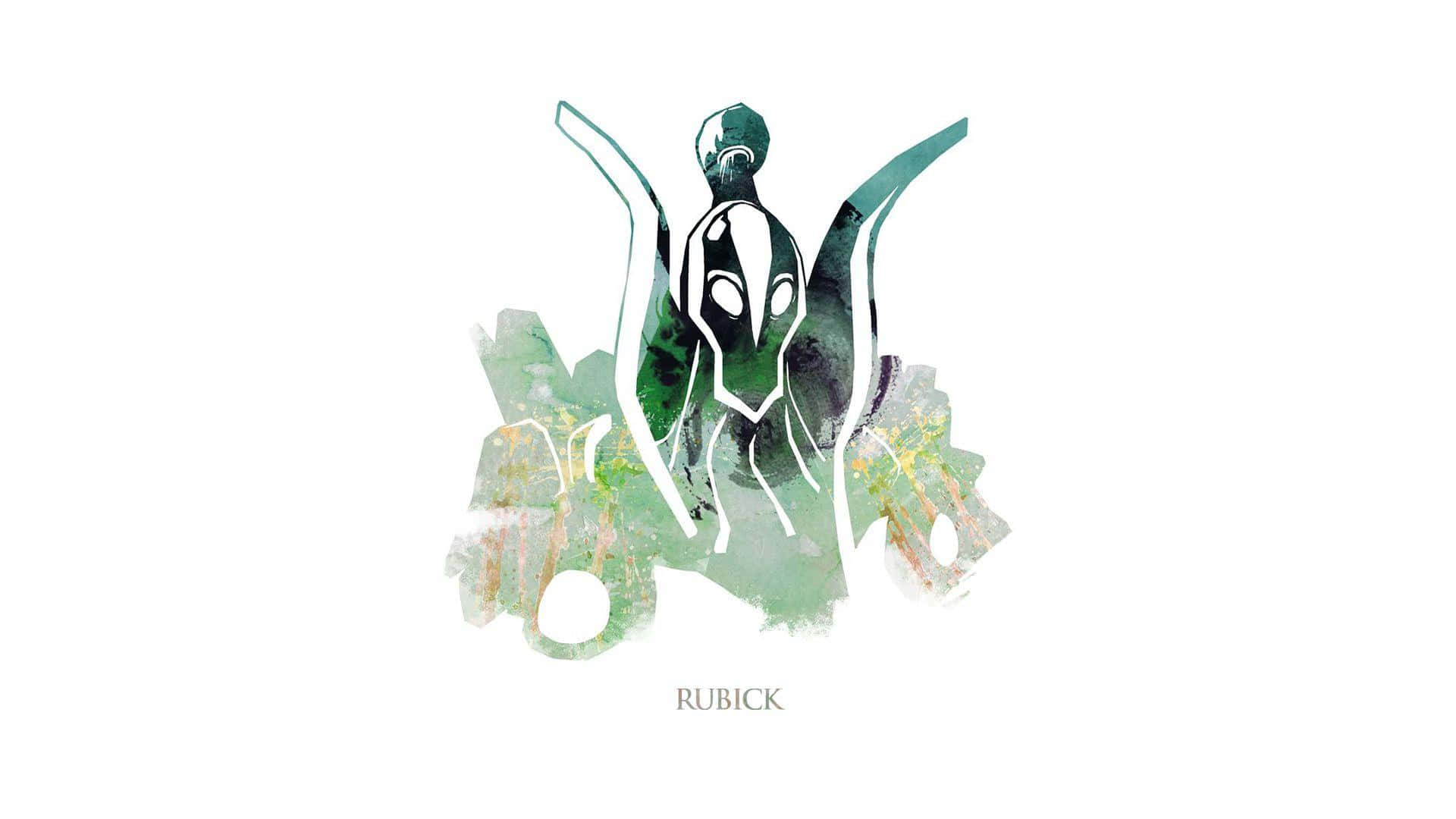 Rubick 桌布 壁紙 — 一個風格化的綠色和黑色外星人形象，有著大眼睛和類似翅膀的附肢，從抽象的水彩潑濺中浮現。