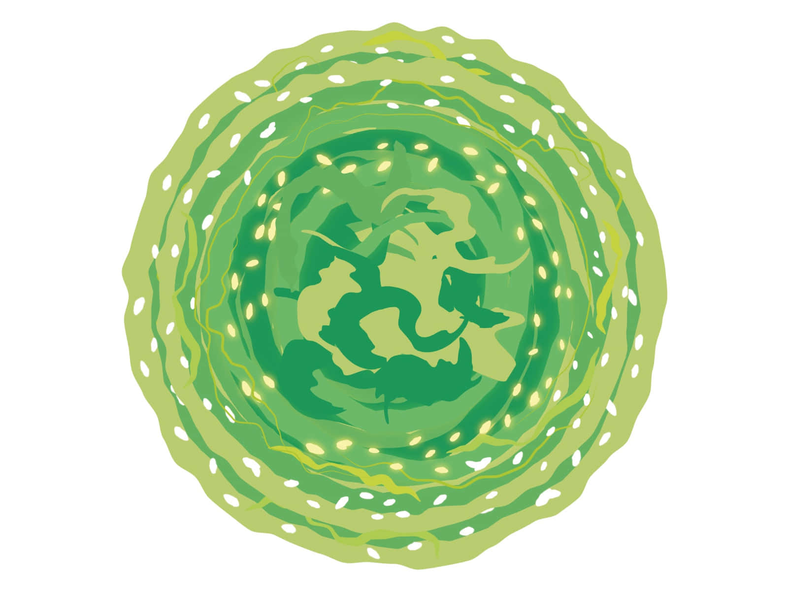 Portal 桌布 壁紙 — 一個風格化的綠色圓形圖案，帶有漩渦狀層次和白色斑點，類似於宇宙或抽象漩渦。