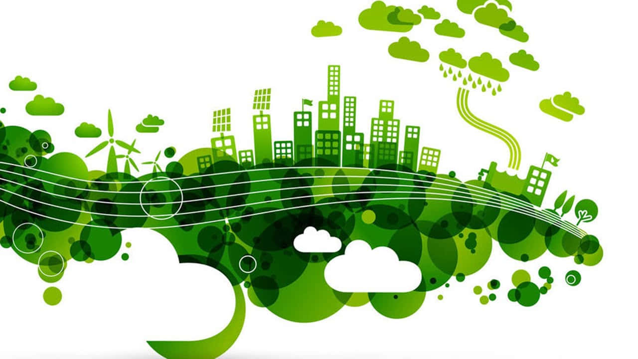 Sustainability 桌布 壁紙 — 一個風格化的綠色城市景觀從旋轉的圓圈中浮現，包含風力渦輪機、雲朵和雨水，象徵環保都市生活。