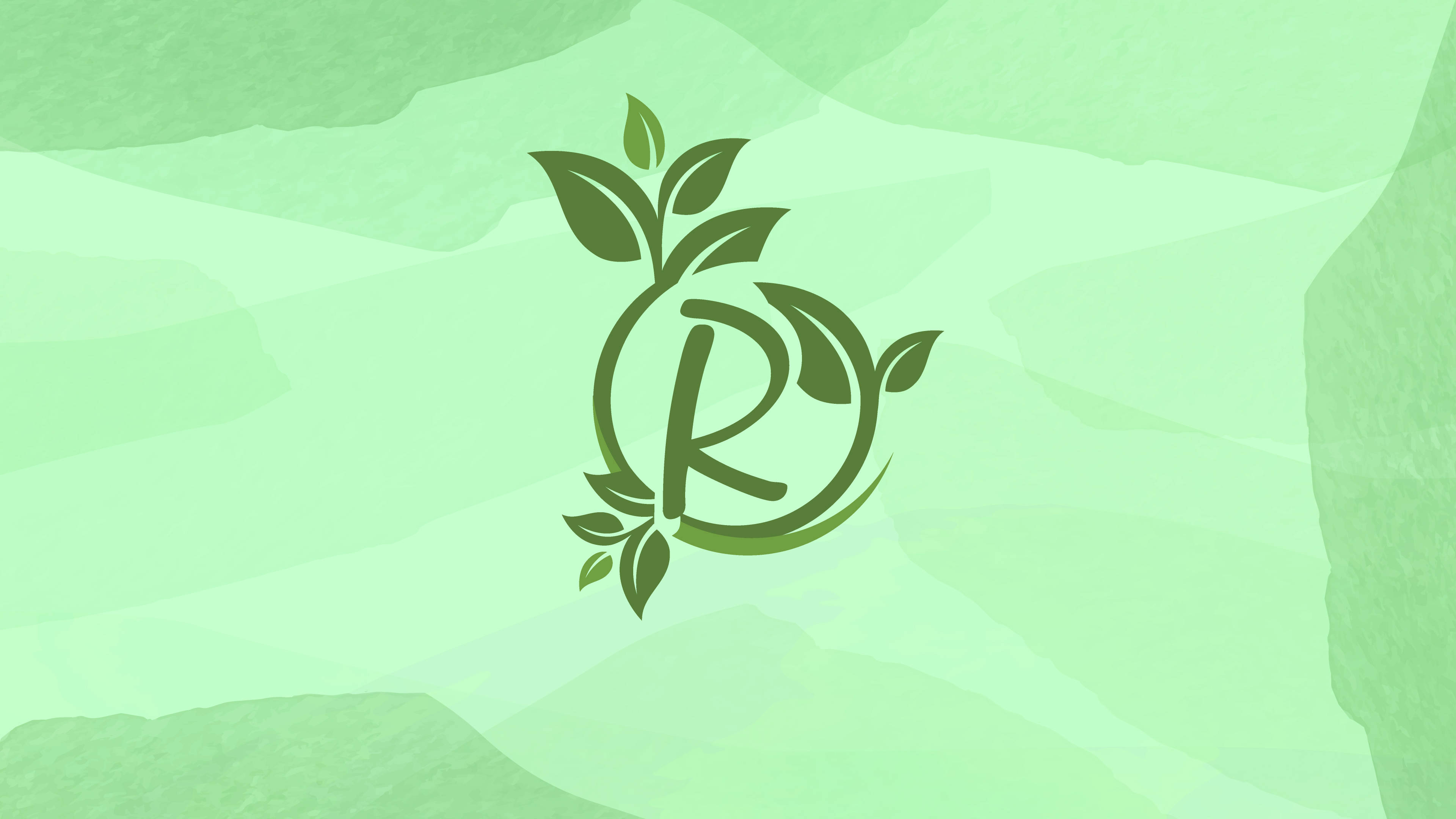 標誌 桌布 壁紙 — 一個風格化的綠色字母R，與葉子交織在柔和的薄荷漸變背景上。