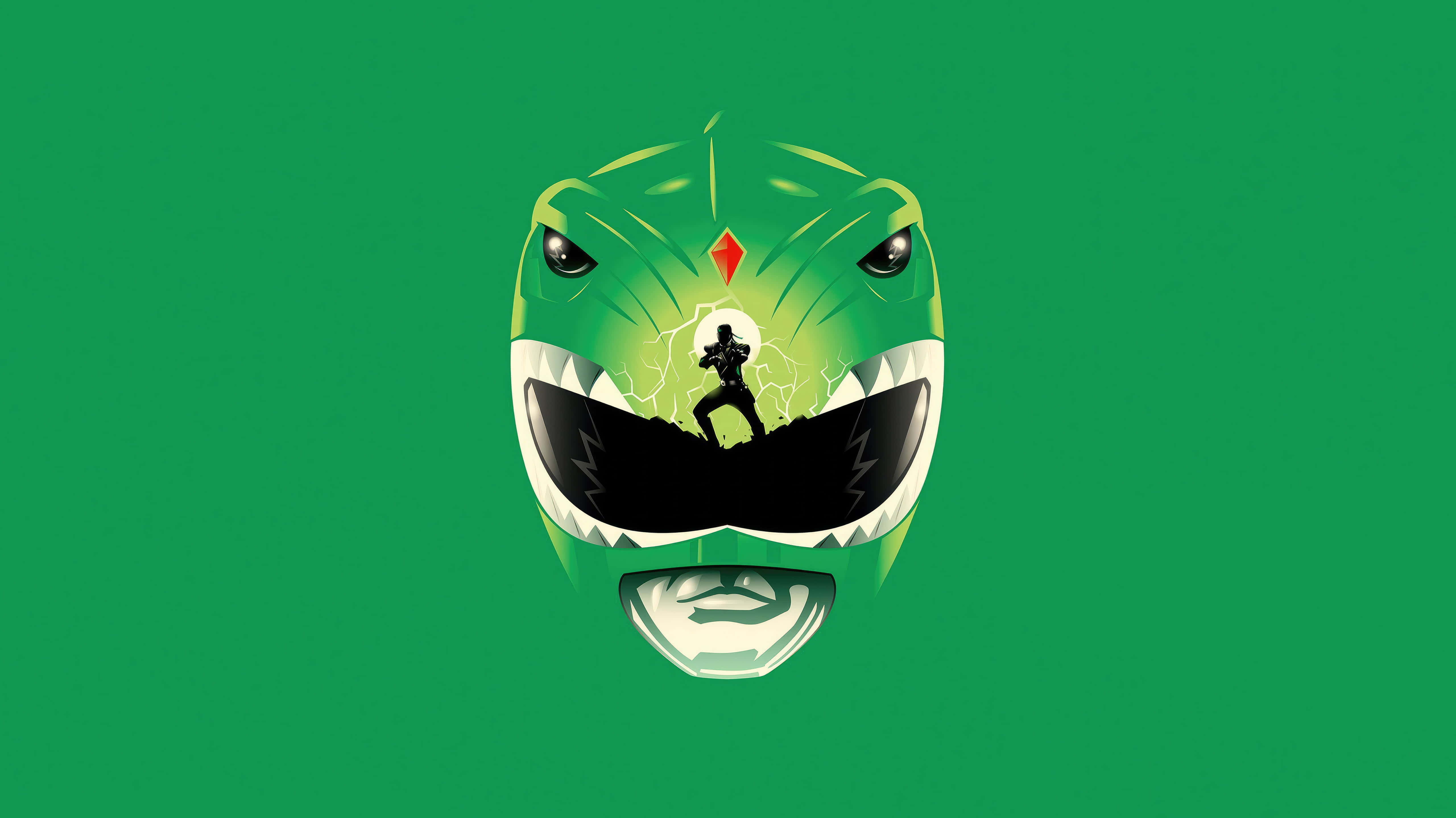 Green Minimalistic 桌布 壁紙 — 一個風格化的綠色恐龍頭盔，帶有黑色嘴巴和一個站在張開的下顎內的小人影。