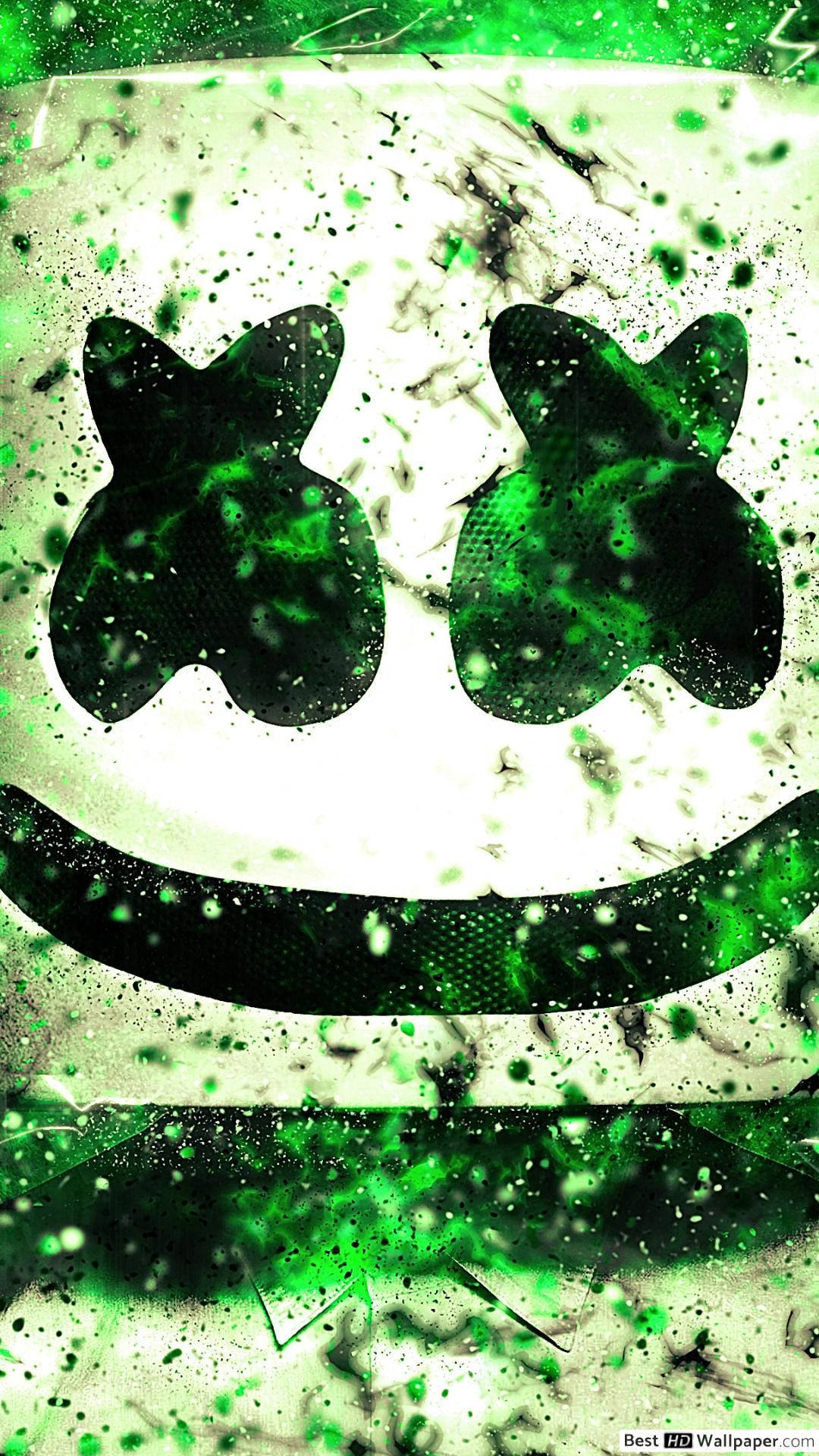 marshmello iPhone 桌布 壁紙 — 一個風格化的綠色潑濺藝術標誌，帶有微笑的臉和貓咪般的耳朵，背景為有紋理的白色。