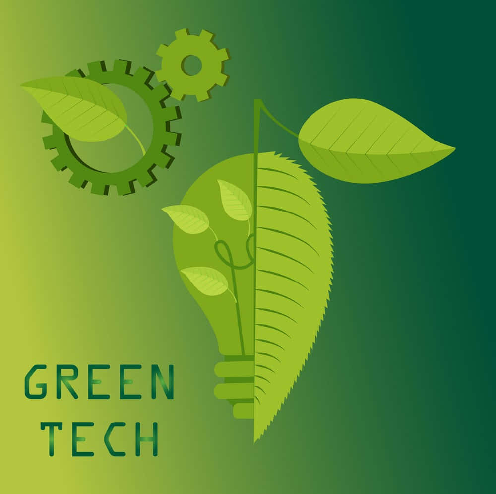Green Technology 桌布 壁紙 — 一個風格化的綠色燈泡，形狀像葉子，帶有齒輪和嫩芽，象徵環保科技。
