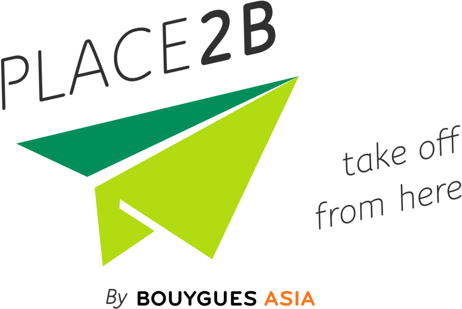 東京 桌布 壁紙 — 一個風格化的綠色紙飛機標誌，上面有文字 PLACE2B 和 take off from here，背景為黑色。