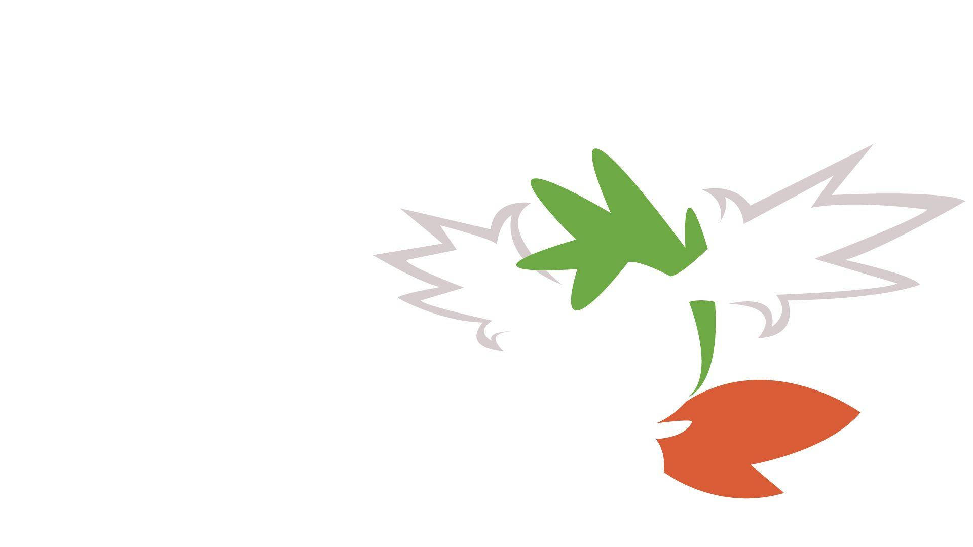 Shaymin 桌布 壁紙 — 一個風格化的綠色葉子和橙色胡蘿蔔，帶有灰色運動線條，在純白色背景上暗示速度。