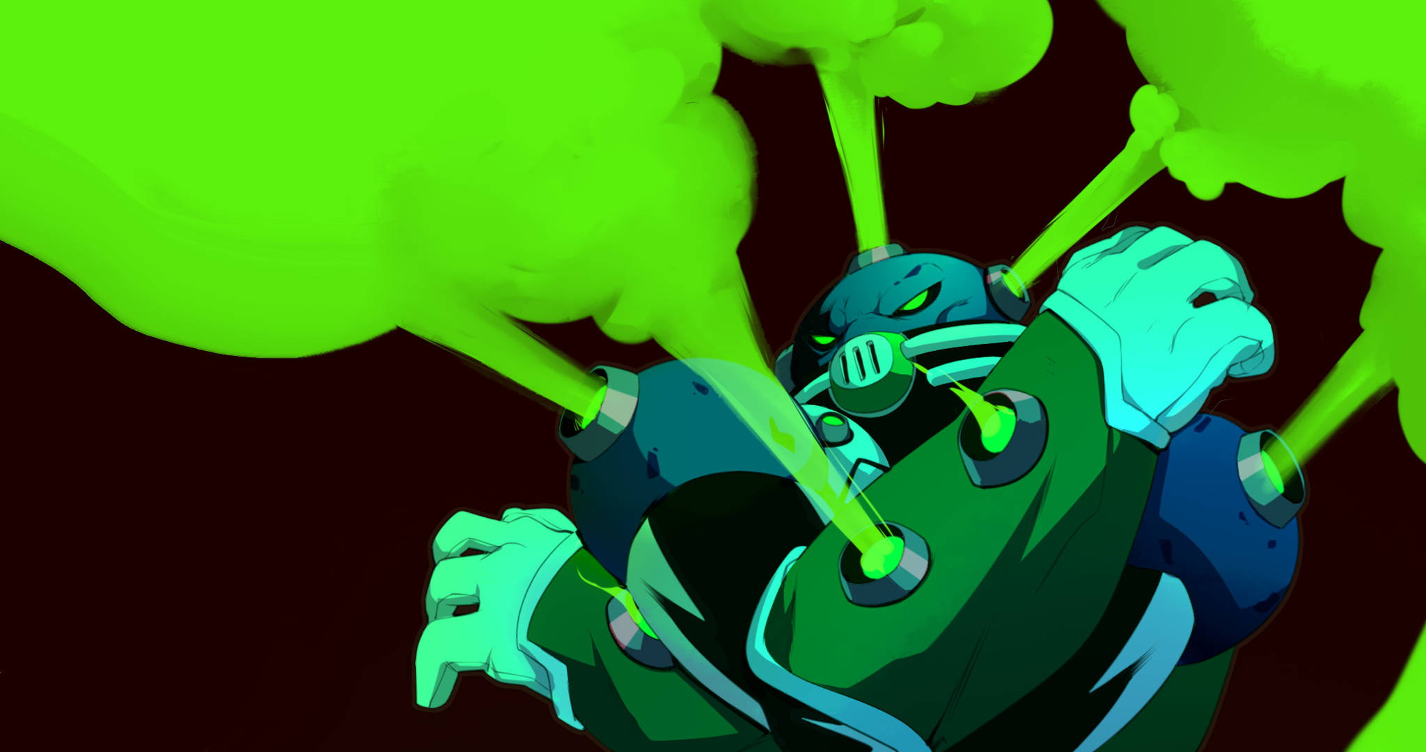 Ben 10 桌布 壁紙 — 一個風格化的綠色裝甲人物在黑暗背景下從多個端口發出發光的綠色能量光束。