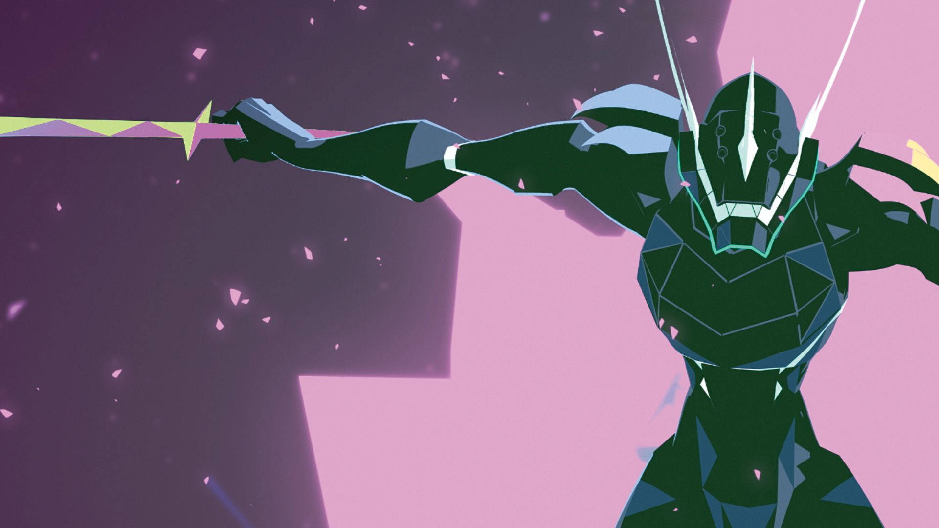 Promare 桌布 壁紙 — 一個風格化的綠色裝甲戰士，擁有發光的白色眼睛和劍，在充滿活力的粉紅色和紫色抽象背景前擺出動態姿勢。