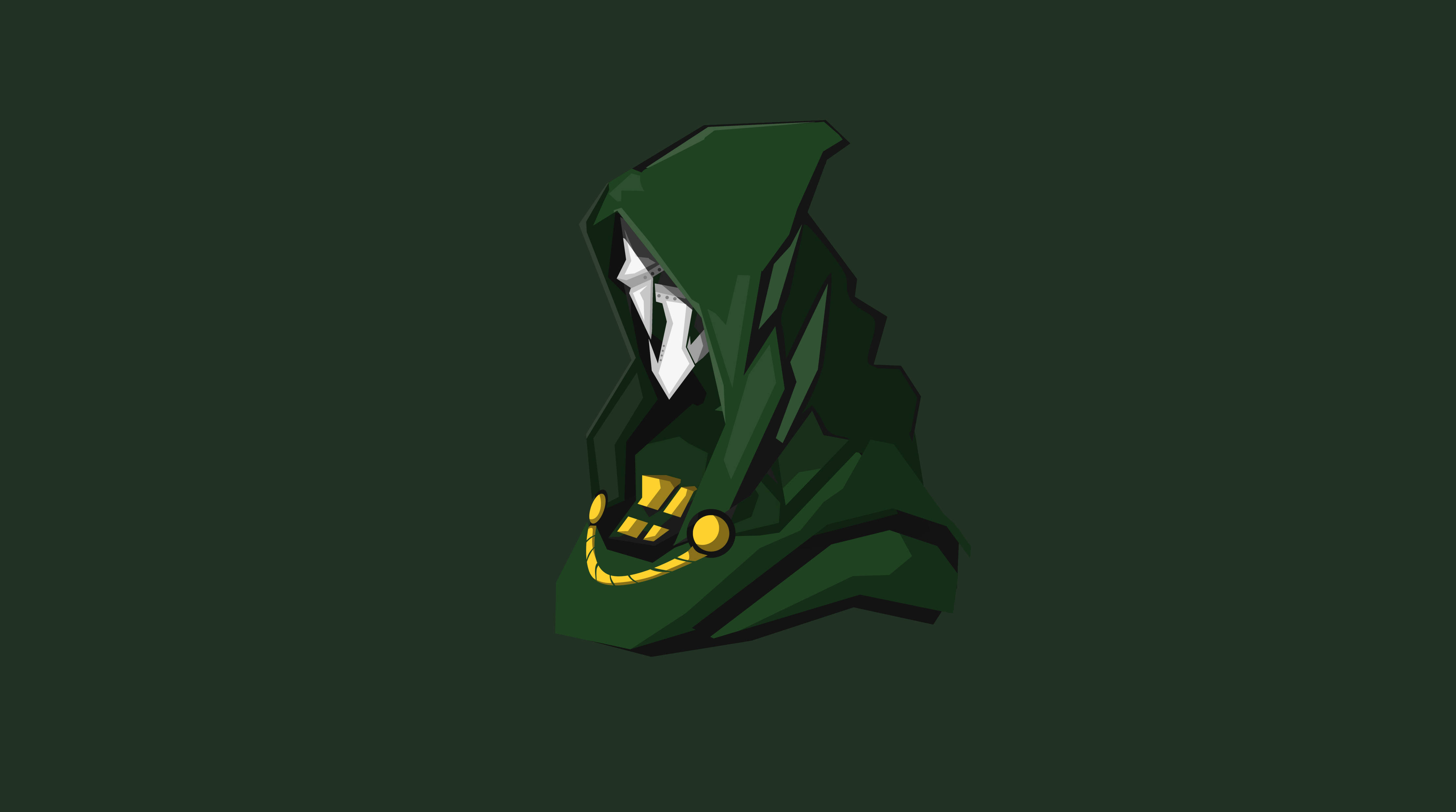 Doctor Doom 桌布 壁紙 — 一個風格化的綠色連帽人物，白色面孔和金色腰帶，背景為深綠色。