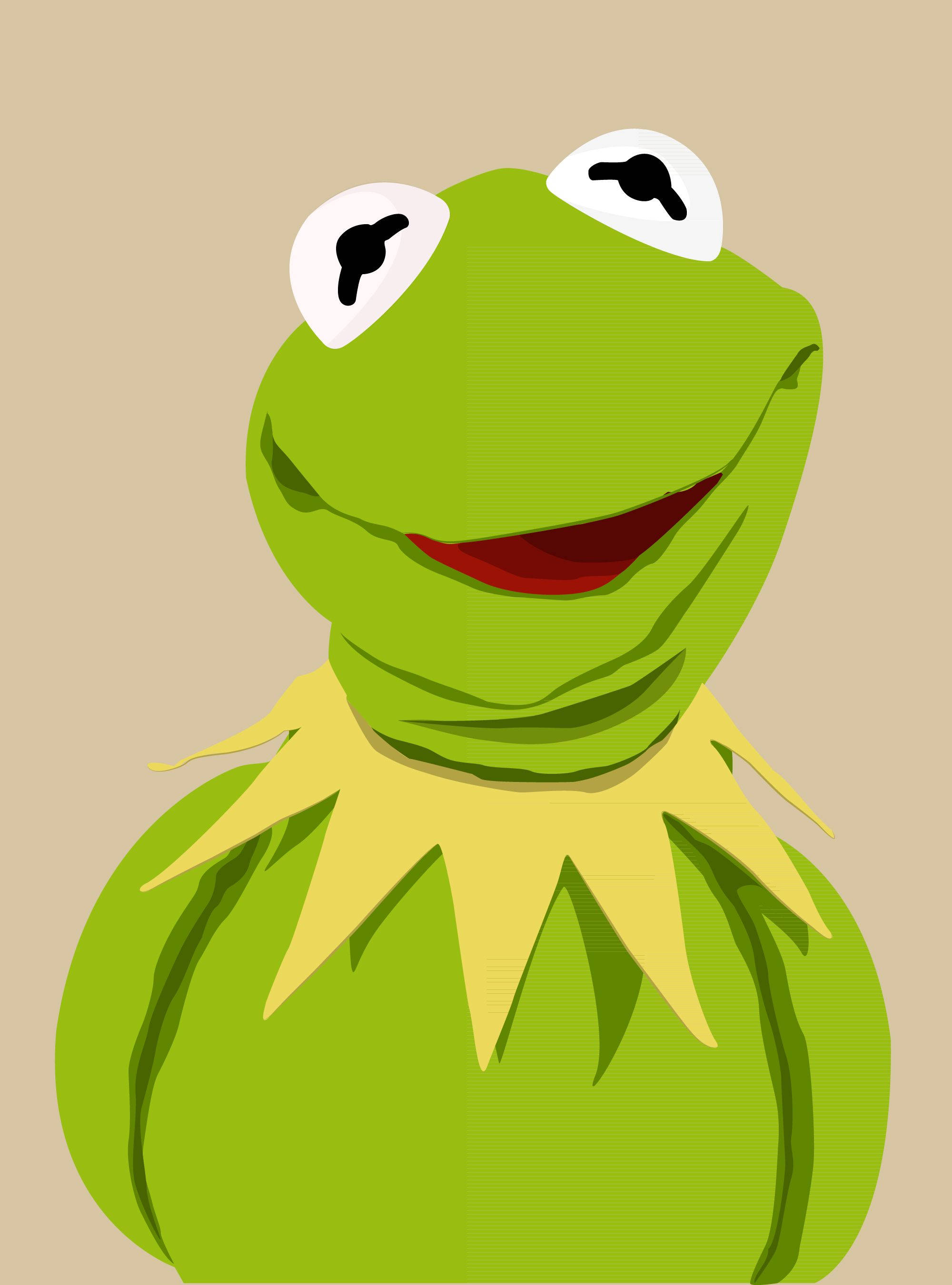 kermit 桌布 壁紙 — 一個風格化的綠色青蛙角色，有大大的白色眼睛和黃色領子，在米色背景上微笑。