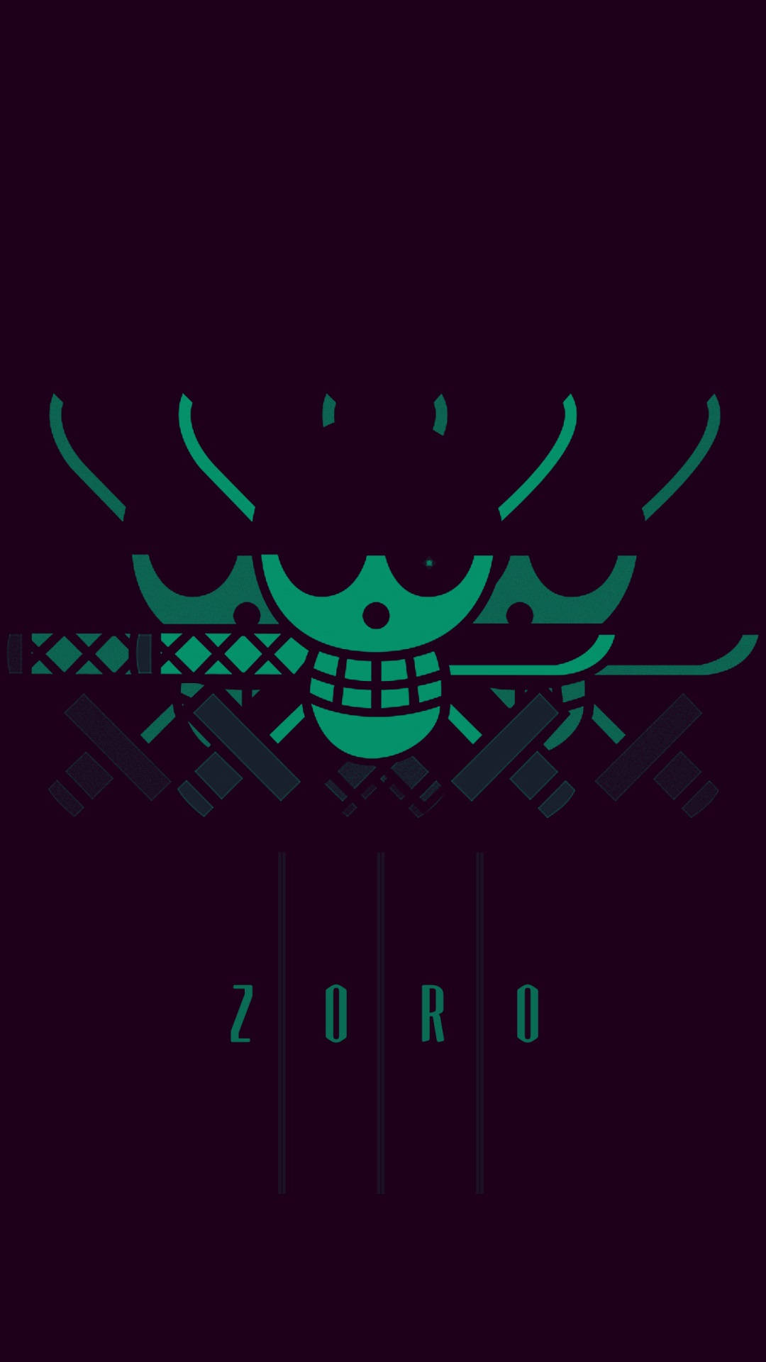 One Piece Phone 桌布 壁紙 — 一個風格化的綠色骷髏頭，配上交叉的劍和名字 Zoro，以極簡主義的青綠色呈現在深紫色背景上。