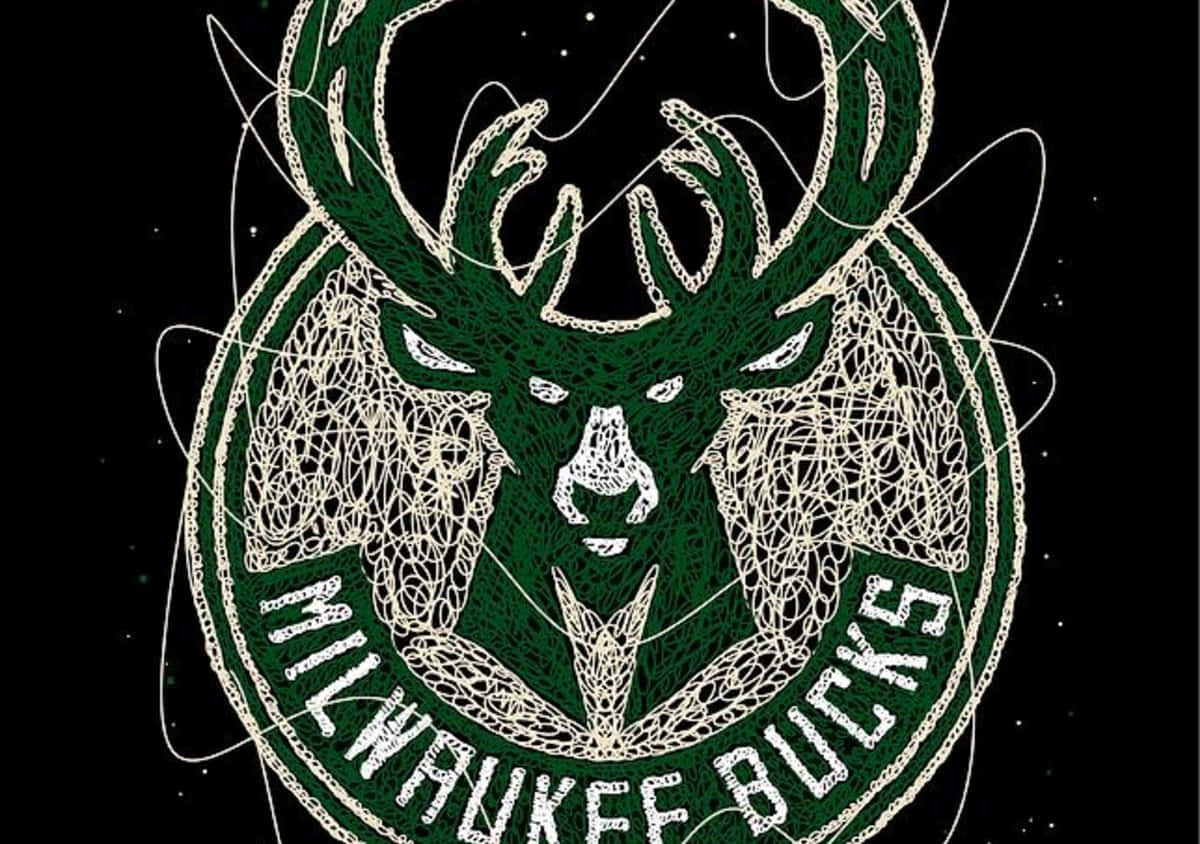 Milwaukee Bucks Logo 桌布 壁紙 — 一個風格化的綠色鹿頭，帶有白色線條藝術鹿角，以及圓形徽章內的文字，背景是星光點點的黑色。
