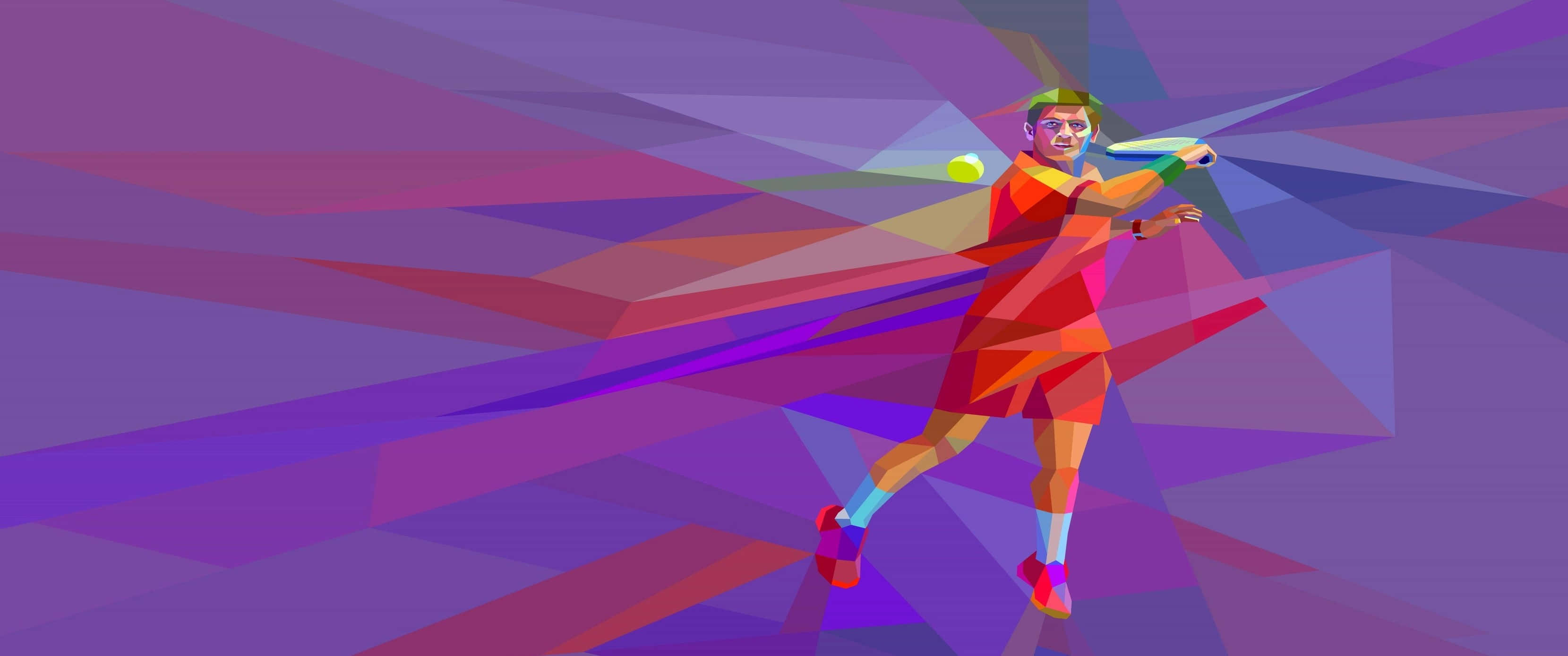 3440x1440p Tennis 桌布 壁紙 — 一個風格化的網球運動員在充滿活力的幾何紫色和粉紅色背景上移動。