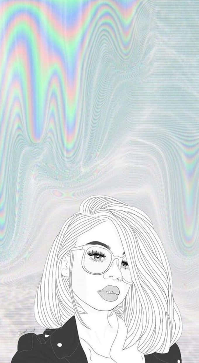 Hologram 桌布 壁紙 — 一個風格化的線條藝術肖像，描繪一位戴眼鏡的女性，背景是旋轉的彩虹色全息背景。